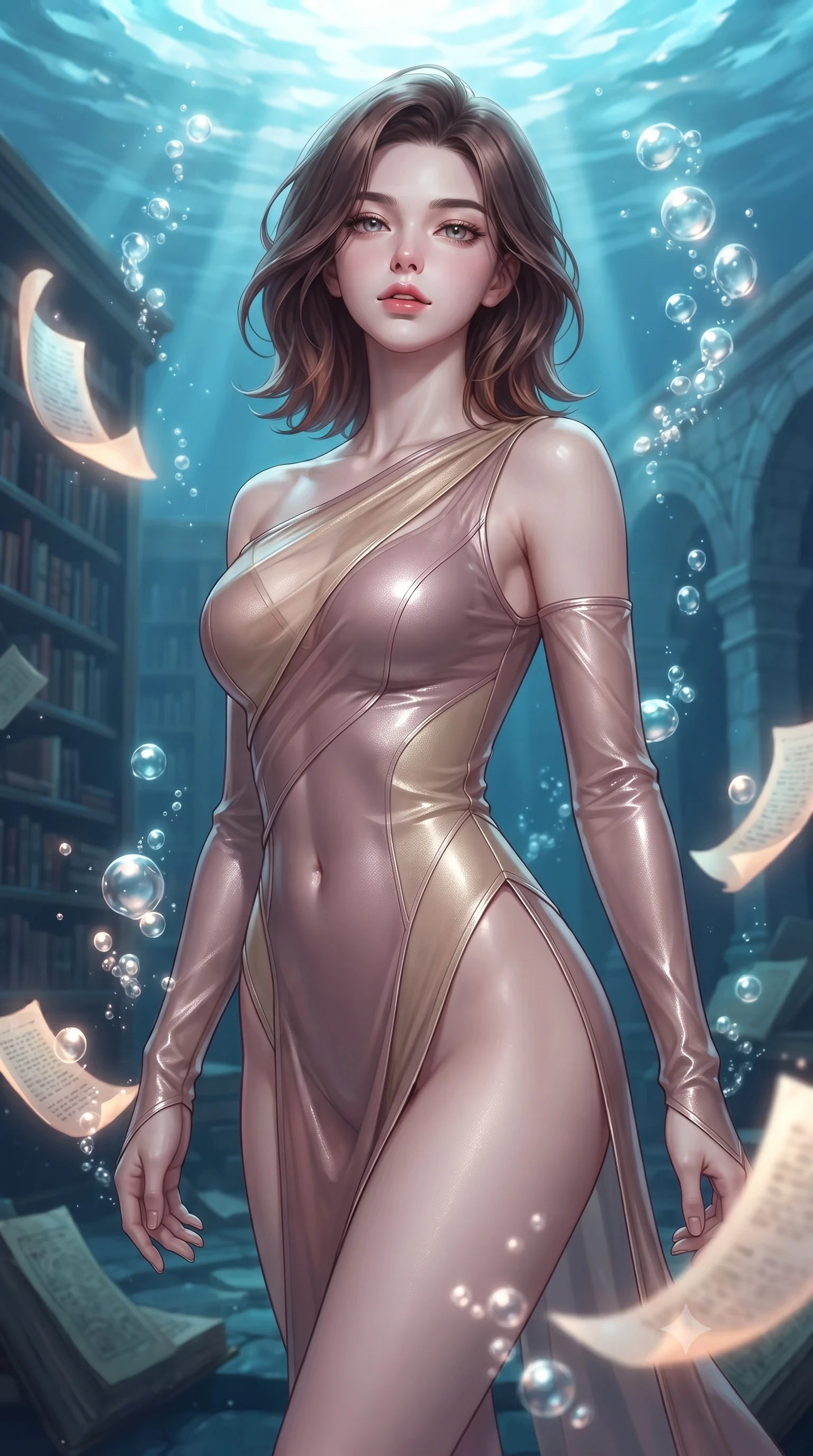 score_9, masterpiece, best quality, ultra-detailed, high-budget anime keyframe, editorial fashion photography, tasteful artistic composition, Korean woman. close-up cowboy shot from the waist and thighs up, the character dominates the composition, filling the frame with her large presence, background elements kept in soft focus. Tilting her chin up slightly with lips parted in a magnetic, composed expression navigating a submerged ancient library surrounded by floating glowing scrolls, rising bioluminescent bubbles casting soft pearl-like highlights. She has an exceptionally elegant, slender, and willowy female figure with an ultra-slim waist, a gracefully sculpted slender torso, and a refined silhouette. sharp v-shaped jawline, high-bridge nose, intricate jewel-like eyes with depth, thick eyelashes, glossy lips with a natural sheen. wearing an asymmetrical high-cut tech-bodysuit with detached sleeves in dusty rose and champagne gold, woven from fine semi-opaque sheer organza, finished with a sleek side slit ascending to mid-thigh, the elegant draped fit framing her graceful clavicle and slender torso. lit by clear sun-drenched sea light with soft ethereal shadows. ultra-reflective glossy finish, specular highlights, metallic sheen, high-contrast stereoscopic depth, volumetric dynamic lighting, 2k, ultra detail, master piece, 9:16 ratio