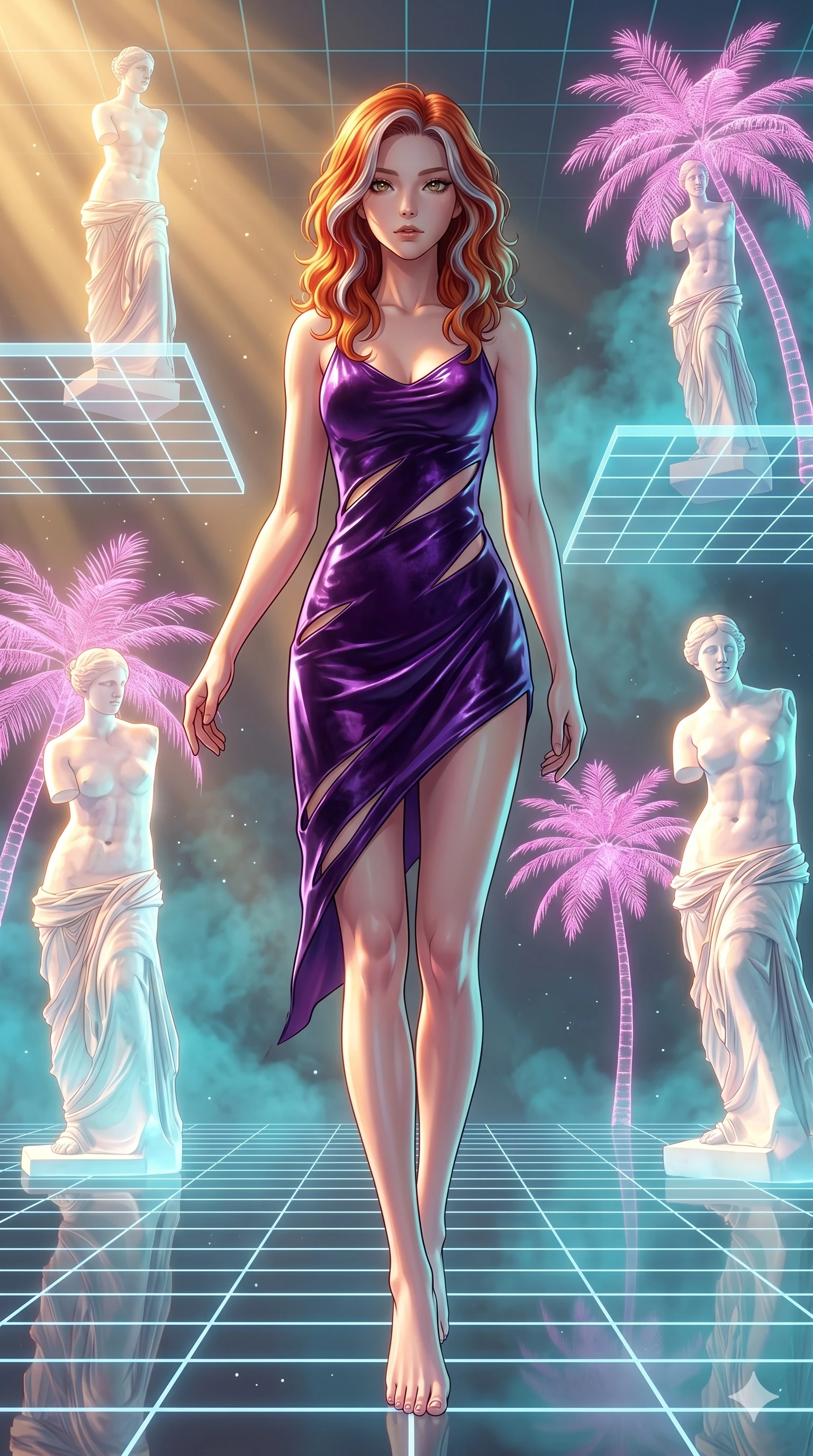 score_9, masterpiece, best quality, ultra-detailed, high-budget anime keyframe, Japanese woman. low angle full-body shot filling the entire 9:16 frame with her statuesque presence, stretching the vertical silhouette. drifting through a holographic vaporwave oasis with floating grid floors, lo-fi marble statues, and glowing pink palms. She has an absolutely perfect 8-heads proportion, an exceptionally tall and slender female figure with impossibly long slender legs and an ultra-slim waist. V-shaped jawline, high-bridge nose, intricate jewel-like eyes with depth, thick eyelashes, glossy lips with a natural sheen.. wearing an asymmetric liquid velvet slip dress, featuring a wet-look deep purple velvet one-shoulder mini slip with slanted slashed cutouts. showcasing a beautiful play of light and shadow, with warm golden rays clashing against cool cyan highlights. 2k, ultra detail, master piece, 9:16 ratio