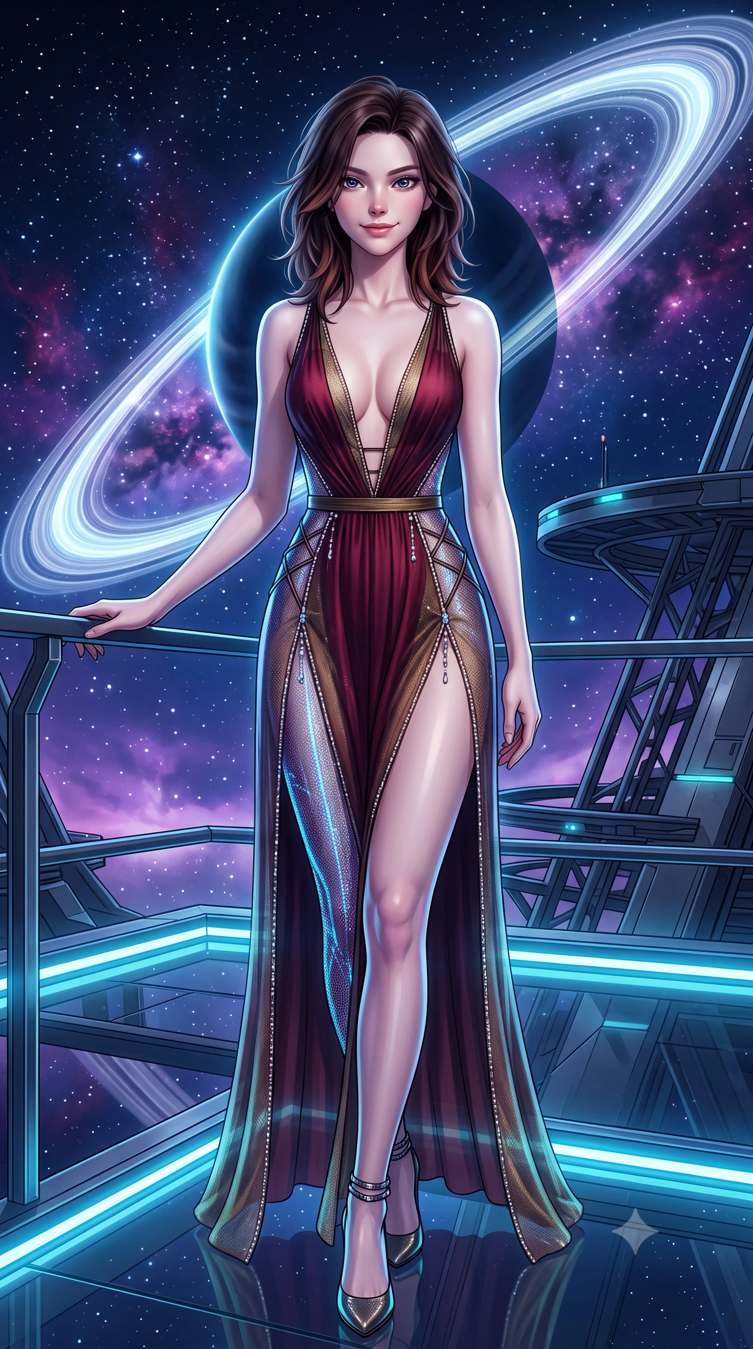 score_9, masterpiece, best quality, ultra-detailed, high-budget anime keyframe, semi-realistic 3D game render, editorial fashion photography, tasteful artistic composition, Korean woman. low angle full-body shot from head to toe showing her feet, filling the entire 9:16 vertical frame with her statuesque presence, stretching her vertical silhouette. lounging on the lavish daybed with legs crossed and hips angled toward the camera, displaying her toned midriff and long slender limbs with effortless siren poise while standing poised at the edge of the floating zero-gravity glass platform, arching her spine with cyber-goddess poise as the colossal illuminated planetary orbital ring arcs across the midnight sky. The surrounding environment is rendered in vivid detail and crisp panoramic clarity: detailed cyber-mesh sheer bodysuit with luminescent holographic fiber piping, and advanced aerospace architecture in razor-sharp precision. She has an exceptionally tall and slender model-like 8.5-heads proportion, an ultra-slim waist, a flat toned midriff, narrow delicate ribcage, and beautifully sculpted feminine hips creating a graceful, slim hourglass silhouette without any bulky heaviness, with impossibly long slender legs. sharp v-shaped jawline, high-bridge nose, intricate jewel-like sparkling eyes with depth, thick eyelashes, glossy parted lips with a natural peach sheen, bright cheerful beaming smile with an enchanting and coquettish sensual glint, exuding both youthful cute charm and seductive allure, flawlessly proportioned anatomical accuracy, strict slender model proportions, natural body alignment, perfectly sculpted long slender limbs, ultra-slim waistline, clean dynamic posture without body distortion. wearing a plunge-front sheer mesh cocktail gown with delicate crystal beading and an ultra-daring hip-high leg slit in French boudoir bordeaux wine and antique brass, woven from fine semi-opaque stretch illusion mesh tracing her slender contours, featuring fine criss-cross lace-up side ties revealing tantalizing glimpses of her hip curve, the high-slit wrap tailoring accentuating her ultra-slim waistline and the enchanting curve of her feminine hips with alluring seductive charm. illuminated by platform edge electroluminescent strips and sharp platinum-cyan rim lights sculpting her jawline, narrow waist, and curvy hips. highly saturated vibrant anime colors, detailed shading with soft gradients, rich glossy textures, high-contrast stereoscopic depth, volumetric dynamic lighting, master piece, 9:16 ratio