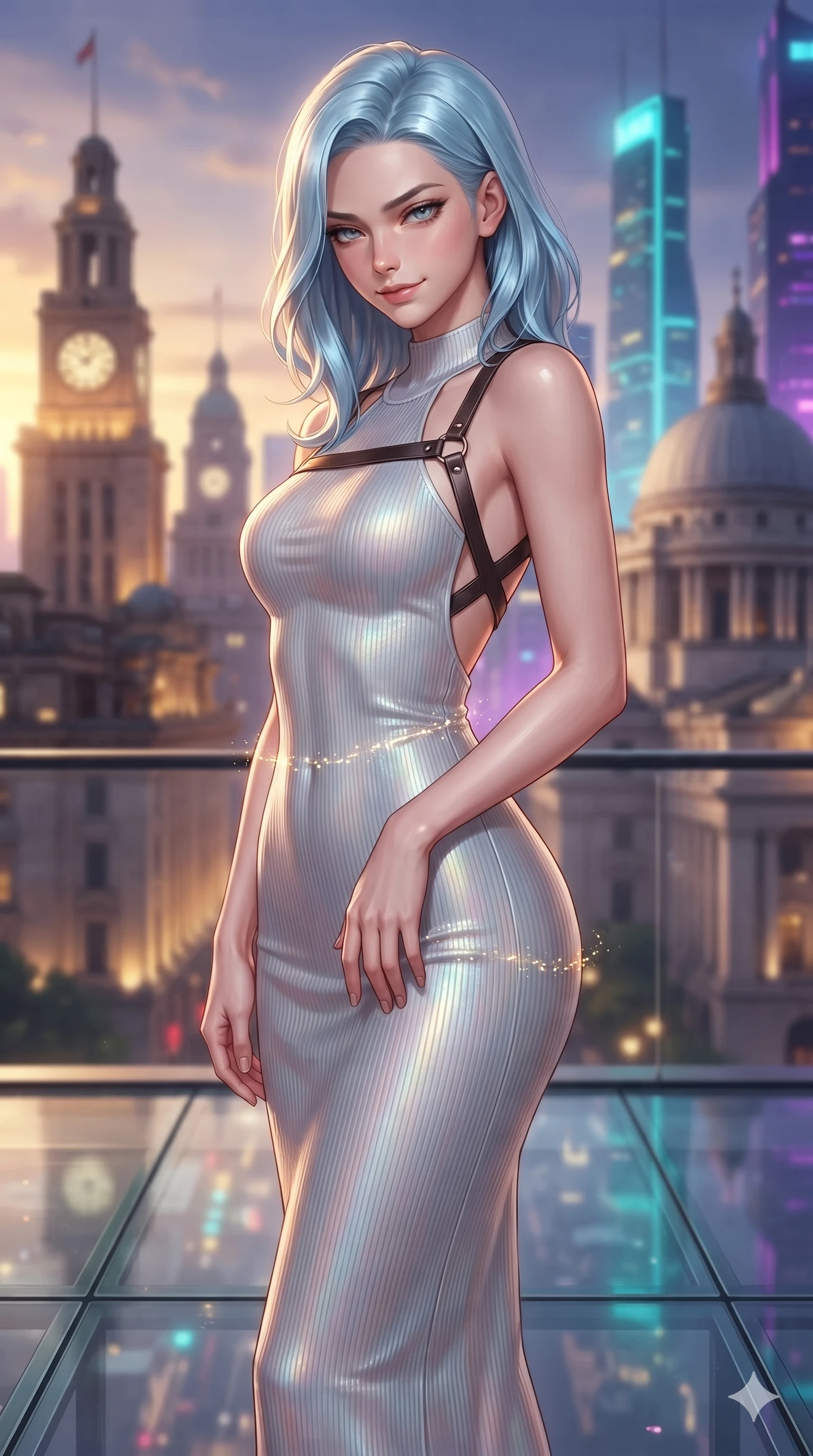 score_9, masterpiece, best quality, ultra-detailed, high-budget anime keyframe, editorial fashion photography, tasteful artistic composition, Korean woman. close-up cowboy shot from the waist and thighs up, the character dominates the composition, filling the frame with her large presence. tilting her head with a teasing half-smile, running one hand slowly down the side of her hip in a flirtatious S-curve as ambient light caresses her silhouette while twisting her slender torso in an alluring contrapposto stance, shimmering city light reflections tracing her narrow waist and curvy hips through the transparent floor. The background shows a soft-focus classical colonial stone clock towers and neoclassical domes blending into soaring cyberpunk neon skyscrapers blurred into gold, cyan, and deep violet bokeh. She has an exceptionally elegant, slender, and willowy female figure with an ultra-slim waist, flat toned midriff, narrow ribcage, and sculpted feminine hips creating an alluring, slim hourglass silhouette without bulk. sharp v-shaped jawline, high-bridge nose, intricate jewel-like sparkling eyes with depth, thick eyelashes, glossy parted lips with a natural sheen, intensely captivating and seductive bedroom-eyes expression, exuding both youthful cute charm and sovereign luxury allure, flawlessly proportioned anatomical accuracy, strict slender model proportions, natural body alignment, perfectly sculpted long slender limbs, ultra-slim waistline, clean dynamic posture without body distortion. wearing an ultra-sleek form-fitting ribbed silk-knit midi dress with elegant collar cutouts contouring her feminine hourglass silhouette in iridescent mother-of-pearl and liquid molten silver, tailored from heavy double-faced silk georgette with an exceptionally fluid drape, featuring an open-back criss-cross harness strap in dark leather, the impeccably tailored cut draping gracefully along her slender figure with aristocratic poise. bathed in the dramatic dual twilight lighting: warm golden sunset rays from the heritage west and cool vibrant neon from the futuristic east. ultra-reflective glossy finish, specular highlights, rich textural contrasts, high-contrast stereoscopic depth, volumetric dynamic lighting, 2k, ultra detail, master piece, 9:16 ratio