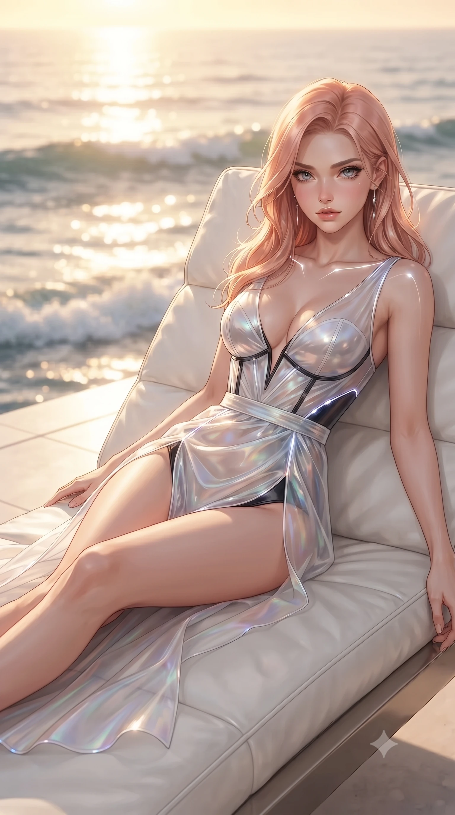 score_9, masterpiece, best quality, ultra-detailed, high-budget anime keyframe, editorial fashion photography, tasteful artistic composition, Japanese woman. close-up cowboy shot from the waist and thighs up, the character dominates the composition, filling the frame with her large presence. gazing directly into the lens with bedroom eyes and a breathtaking, dangerous allure that commands the entire composition while stretching her slender legs along a white leather sun-lounger with Mediterranean sea breezes fluttering her silk dress. The composition keeps background elements in soft focus with creamy bokeh. sparkling sunset light on ocean waves creating a soft, glamorous golden backdrop. She has an exceptionally elegant, slender, and willowy female figure with an ultra-slim waist, a gracefully sculpted slender torso, toned flat midriff, and a refined slim silhouette. sharp v-shaped jawline, high-bridge nose, intricate jewel-like eyes with depth, thick eyelashes, glossy lips with a natural sheen, flawlessly proportioned anatomical accuracy, strict slender model proportions, natural body alignment, perfectly sculpted long slender limbs, ultra-slim waistline, clean dynamic posture without body distortion. wearing a translucent iridescent organza wrap dress with structured bustier boning, plunging neckline, and high-cut dual leg slits in high-gloss monochrome white and sharp black contrast, made of liquid metal jersey that clings flawlessly to every contour of her build, accented with glowing fiber-optic seams tracing her collarbones and hip curves, the precision-cut daring openings accentuating her delicate midriff, graceful bare collarbones, and ultra-slim feminine waistline. surrounded by an ultra-exclusive, opulent, and fiercely captivating Riviera supermodel aura. ultra-reflective glossy finish, specular highlights, metallic sheen, high-contrast stereoscopic depth, volumetric dynamic lighting, 2k, ultra detail, master piece, 9:16 ratio