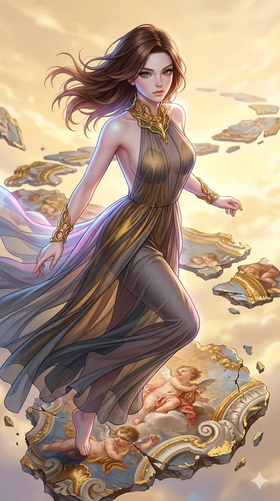 score_9, masterpiece, best quality, ultra-detailed, high-budget anime keyframe, Korean woman. upper body close-up from the thighs up, character filling the screen for maximum presence. propelling herself off digital baroque ceiling fresco shards that