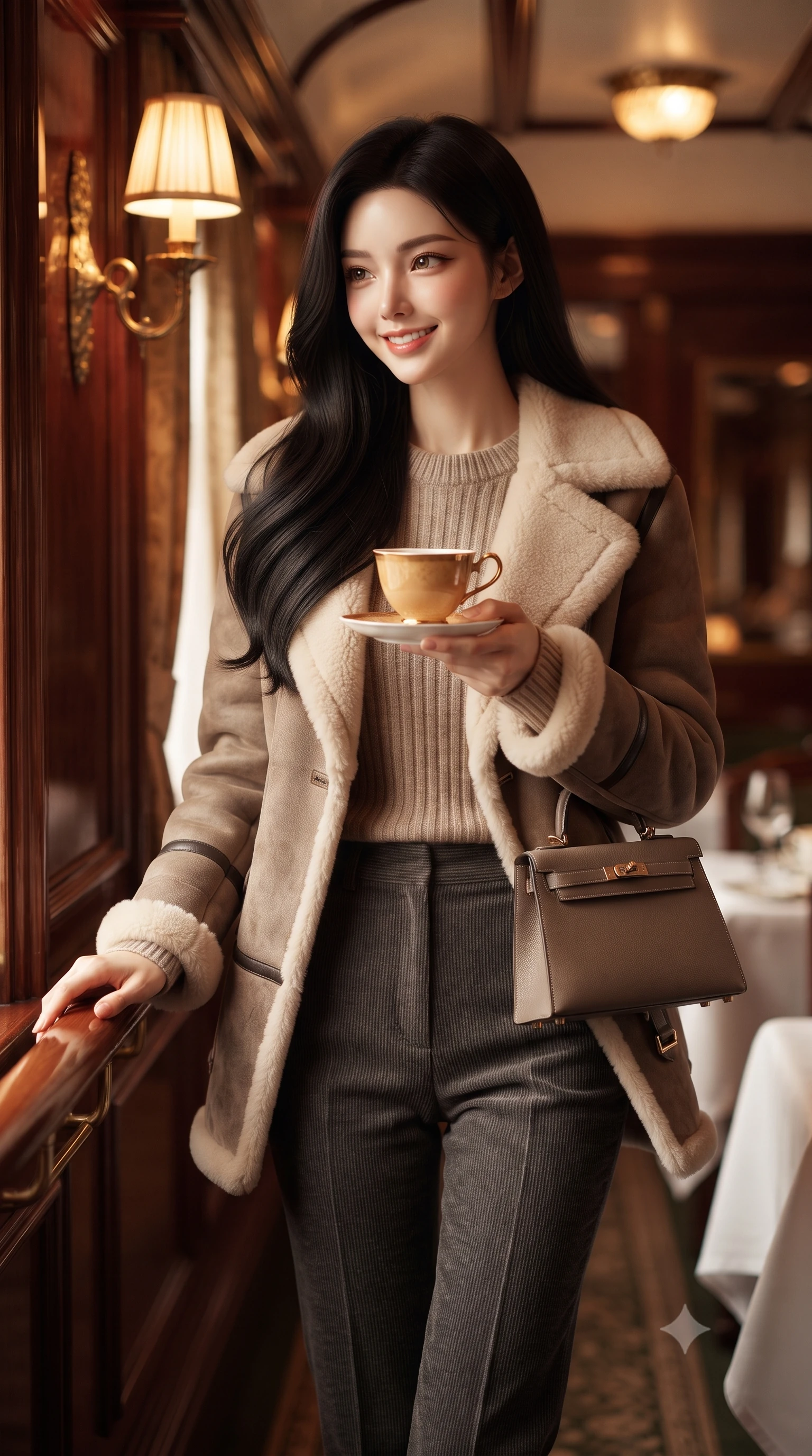 score_9, masterpiece, best quality, ultra-detailed, high-budget anime keyframe, editorial fashion photography, tasteful artistic composition, Korean woman. close-up cowboy shot from the waist and thighs up, the character dominates the composition, filling the frame with her large presence. holding a warm porcelain cup in both hands while tilting her head with an enchanting, beaming smile while standing in the panoramic train corridor with one hand resting on the polished mahogany handrail, turning with glamorous travel-editorial poise. The background shows a soft-focus polished train car interior brass sconces and white linen table settings softened in vintage luxury rail romance shallow focus. She has an exceptionally elegant, slender, and willowy female figure with an ultra-slim waist, flat toned midriff, narrow ribcage, and sculpted feminine hips creating an alluring, slim hourglass silhouette without bulk. sharp v-shaped jawline, high-bridge nose, intricate jewel-like sparkling eyes with depth, thick eyelashes, glossy parted lips with a natural peach sheen, bright cheerful beaming smile with an enchanting and coquettish sensual glint, exuding both youthful cute charm and seductive allure, flawlessly proportioned anatomical accuracy, strict slender model proportions, natural body alignment, perfectly sculpted long slender limbs, ultra-slim waistline, clean dynamic posture without body distortion. wearing a plush shearling-trimmed suede aviator coat layered over a cozy ribbed merino knit sweater and tailored corduroy pants in classic Savile Row charcoal houndstooth and crisp ivory, crafted from fluid mulberry silk twill with an understated lustrous pearl finish, finished with a structured leather top-handle mini bag resting gracefully at her side, the sharp shoulder tailoring and gently nipped waist framing her slender torso with pristine sartorial perfection. illuminated by cherrywood interior reflection fill and sharp silver-gold rim lights defining her razor-sharp jawline and willowy silhouette. ultra-reflective glossy finish, specular highlights, rich textural contrasts, high-contrast stereoscopic depth, volumetric dynamic lighting, 2k, ultra detail, master piece, 9:16 ratio