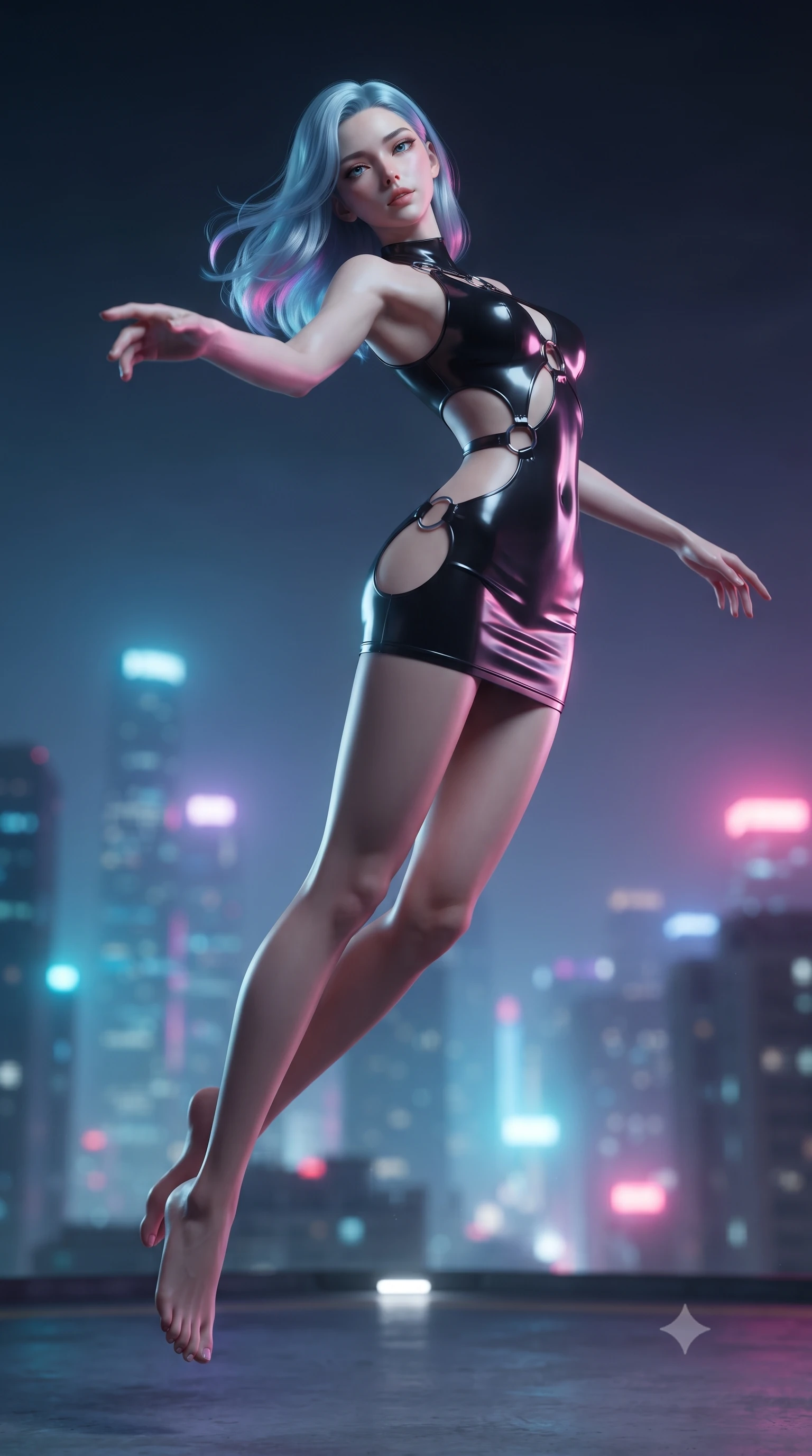 score_9, masterpiece, best quality, ultra-detailed, high-budget anime keyframe, editorial fashion photography, tasteful artistic composition, Korean woman woman. low angle full-body shot from head to toe showing her feet, filling the entire 9:16 vertical frame with her statuesque presence, stretching her vertical silhouette. She has an absolutely perfect, statuesque 8.5-heads proportion, an exceptionally tall and slender model-like female figure with impossibly long slender legs and an ultra-slim waist. floating dynamically in zero-gravity with flawless poise, reaching her hand forward gracefully, flawlessly proportioned anatomical accuracy, natural body alignment, perfectly sculpted elegant limbs, clean dynamic posture without body distortion. set against a soft-focus background of a penthouse helipad lounge overlooking a misty neon skyline. wearing an asymmetric cut-out mini dress in matte black latex with silver ring accents. bathed in vibrant city skyline night lights casting sleek specular reflections. ultra-reflective glossy finish, specular highlights, metallic sheen, high-contrast stereoscopic depth, volumetric dynamic lighting, 2k, ultra detail, master piece, 9:16 ratio