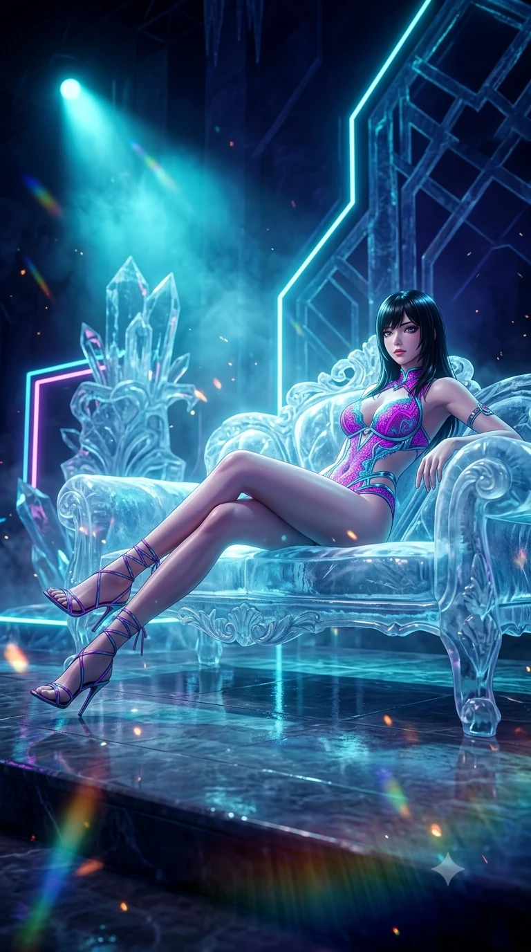 score_9, masterpiece, best quality, ultra-detailed, high-budget anime keyframe, semi-realistic 3D game render, editorial fashion photography, tasteful artistic composition, Caucasian woman. low angle full-body shot from head to toe showing her feet, filling the entire 9:16 vertical frame with her statuesque presence, stretching her vertical silhouette. executing a slow, graceful pivot turn as her skirt sways around her slender legs, glancing back with an enchanting, teasing sensual expression while lounging gracefully across the carved ice settee propped on one elbow with legs extended, displaying her long slender limbs and statuesque hourglass silhouette with regal anime flair. The surrounding environment is rendered in vivid detail and crisp panoramic clarity: sharp ice crystal organ fluting, frost dendrite fractures on polished stone stage, and crisp neon tube contours in deep focus. She has an exceptionally tall and slender model-like 8.5-heads proportion, an ultra-slim waist, a flat toned midriff, narrow delicate ribcage, and beautifully sculpted feminine hips creating a graceful, slim hourglass silhouette without any bulky heaviness, with impossibly long slender legs. sharp v-shaped jawline, high-bridge nose, intricate jewel-like sparkling eyes with depth, thick eyelashes, glossy parted lips with a natural peach sheen, bright cheerful beaming smile with an enchanting and coquettish sensual glint, exuding both youthful cute charm and seductive allure, flawlessly proportioned anatomical accuracy, strict slender model proportions, natural body alignment, perfectly sculpted long slender limbs, ultra-slim waistline, clean dynamic posture without body distortion. wearing a provocative sheer-illusion lace bodysuit with strategic metallic foil flocking and high-cut leg openings in Neo-Shinjuku neon magenta and electric cyan, crafted from translucent silk organza with an ethereal crystalline sheen, complemented by strappy stiletto sandals with metallic ankle wraps accentuating her slender calves, the liquid-tight tailored fabric clinging flawlessly to her narrow waist and rounded feminine hips, emphasizing every millimeter of her sculpted slim hourglass curves without any bulky heaviness. bathed in high-contrast cyan neon aria pulses contrasted with deep velvety indigo stage shadows. highly saturated vibrant anime colors, detailed shading with soft gradients, rich glossy textures, high-contrast stereoscopic depth, volumetric dynamic lighting, master piece, 9:16 ratio