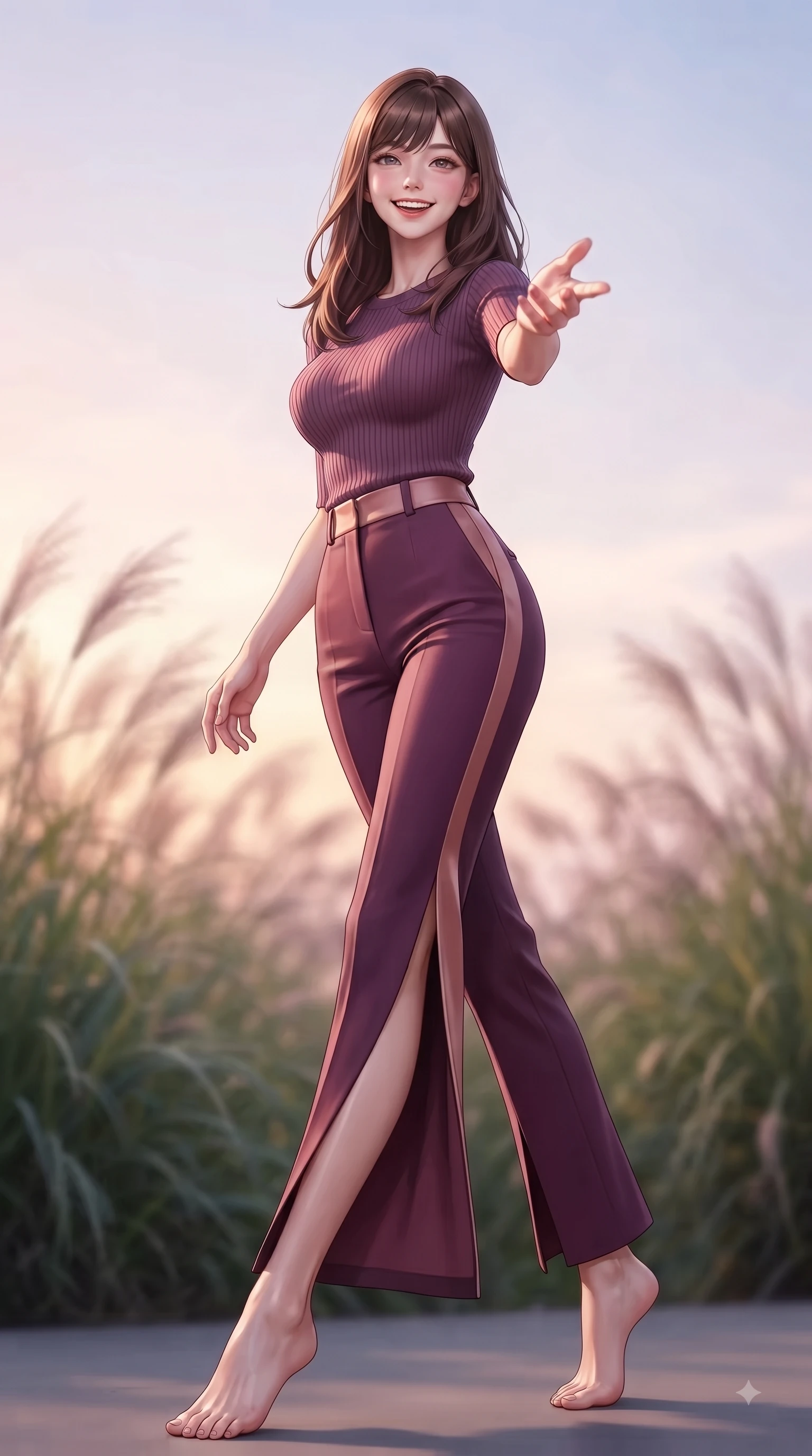 score_9, masterpiece, best quality, ultra-detailed, high-budget anime keyframe, editorial fashion photography, tasteful artistic composition, Korean woman. low angle full-body shot from head to toe showing her feet, filling the entire 9:16 vertical frame with her statuesque presence, stretching her vertical silhouette. stepping forward gracefully in mid-motion with a delighted cute expression, displaying her statuesque model proportions while reaching one hand out playfully toward the camera with a joyful, beaming smile. The composition keeps background elements in soft focus with dreamy bokeh. swaying park grasses and sunset sky gradients softened in dreamy background focus. She has an absolutely perfect, statuesque 8.5-heads proportion, an exceptionally tall and slender model-like female figure with impossibly long slender legs and an ultra-slim waist. sharp v-shaped jawline, high-bridge nose, intricate jewel-like eyes with depth, thick eyelashes, glossy lips with a natural sheen, flawlessly proportioned anatomical accuracy, natural body alignment, perfectly sculpted elegant limbs, clean dynamic posture without body distortion. wearing a form-contouring ribbed knit top paired with high-waisted tailored stretch trousers in rich plum purple and rose gold, made of premium stretch jersey that follows her curves like a glove, featuring a sleek side leg slit ascending to mid-thigh, the elegant draped fit framing her graceful clavicle and slender torso. surrounded by a serene, uplifting, and romantic park ambiance. ultra-reflective glossy finish, specular highlights, metallic sheen, high-contrast stereoscopic depth, volumetric dynamic lighting, 2k, ultra detail, master piece, 9:16 ratio