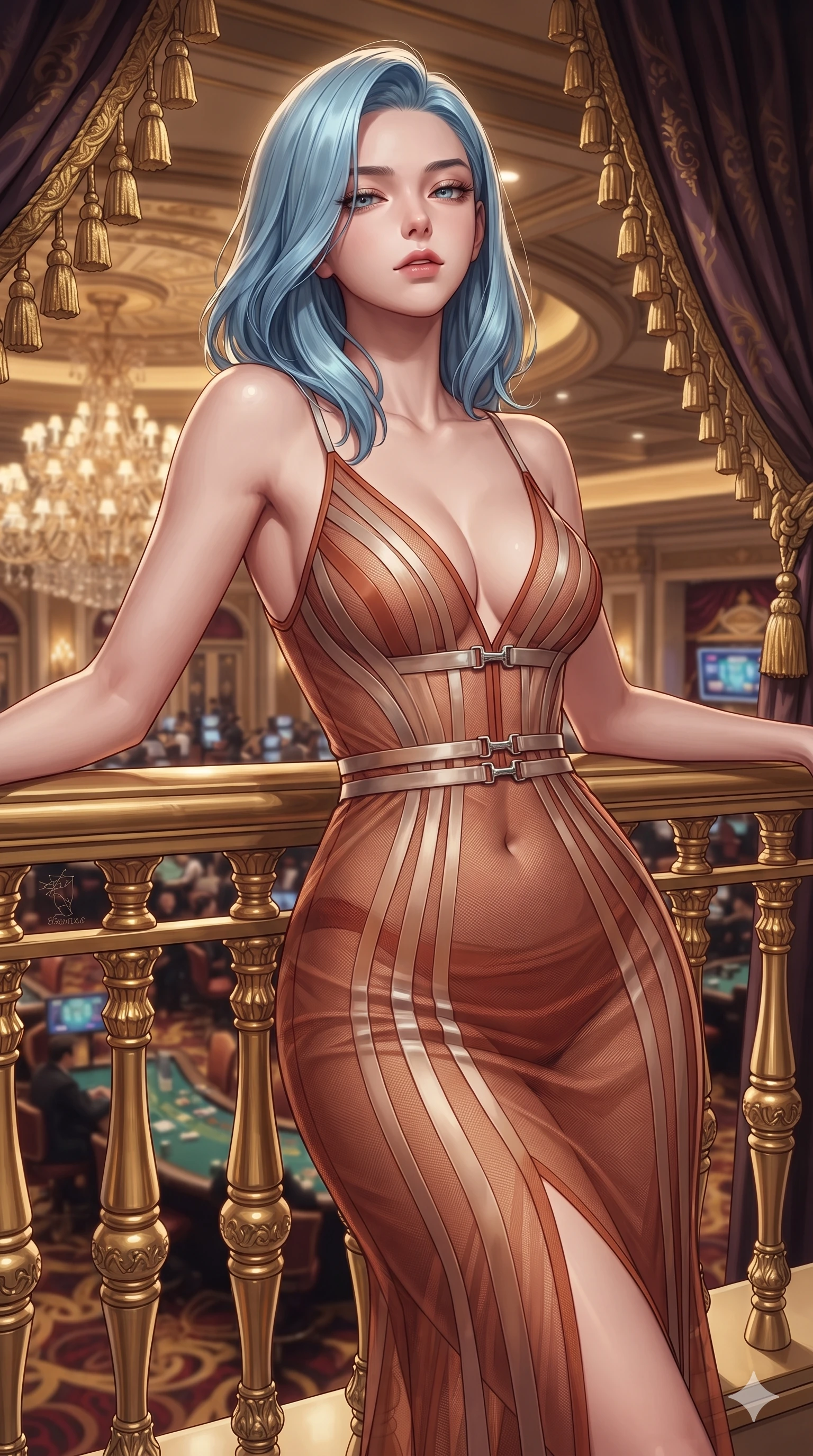 score_9, masterpiece, best quality, ultra-detailed, high-budget anime keyframe, editorial fashion photography, tasteful artistic composition, Korean woman. close-up cowboy shot from the waist and thighs up, the character dominates the composition, filling the frame with her large presence. leaning back against the balustrade with relaxed seductive grace, head tilted back slightly while casting a hypnotic, heavy-lidded gaze while leaning deep against the gilded balcony rail with hips cocked back, looking down at the bustling gaming hall with an unapologetically alluring sovereign gaze. The composition keeps background elements in soft focus with creamy bokeh: sprawling chandelier-lit casino floor below, ornate velvet draperies with golden tassels, and distant gaming chatter blurred into topaz, gold, and burgundy bokeh. She has an exceptionally elegant, slender, and willowy female figure with an ultra-slim waist, flat toned midriff, narrow ribcage, and sculpted feminine hips creating an alluring, slim hourglass silhouette without bulk. sharp v-shaped jawline, high-bridge nose, intricate jewel-like eyes with depth, thick eyelashes, glossy parted lips with a natural sheen, intensely captivating and seductive bedroom-eyes expression, flawlessly proportioned anatomical accuracy, strict slender model proportions, natural body alignment, perfectly sculpted long slender limbs, ultra-slim waistline, clean dynamic posture without body distortion. wearing a plunge-front sheer illusion tulle slip dress with liquid platinum ribbon stripes hugging her curves in warm Tuscan ochre and terracotta sienna, woven from structured carbon-fiber jacquard with rich textural depth, finished with sleek magnetic buckle closures fluttering in the breeze, the form-contouring silhouette accentuating her sculpted flat midriff, narrow delicate ribcage, and gracefully curvy hips with intoxicating allure. illuminated by golden reflection bounce defining her dewy collarbones, ultra-slim waist, and curvy hips. ultra-reflective glossy finish, specular highlights, rich textural contrasts, high-contrast stereoscopic depth, volumetric dynamic lighting, 2k, ultra detail, master piece, 9:16 ratio