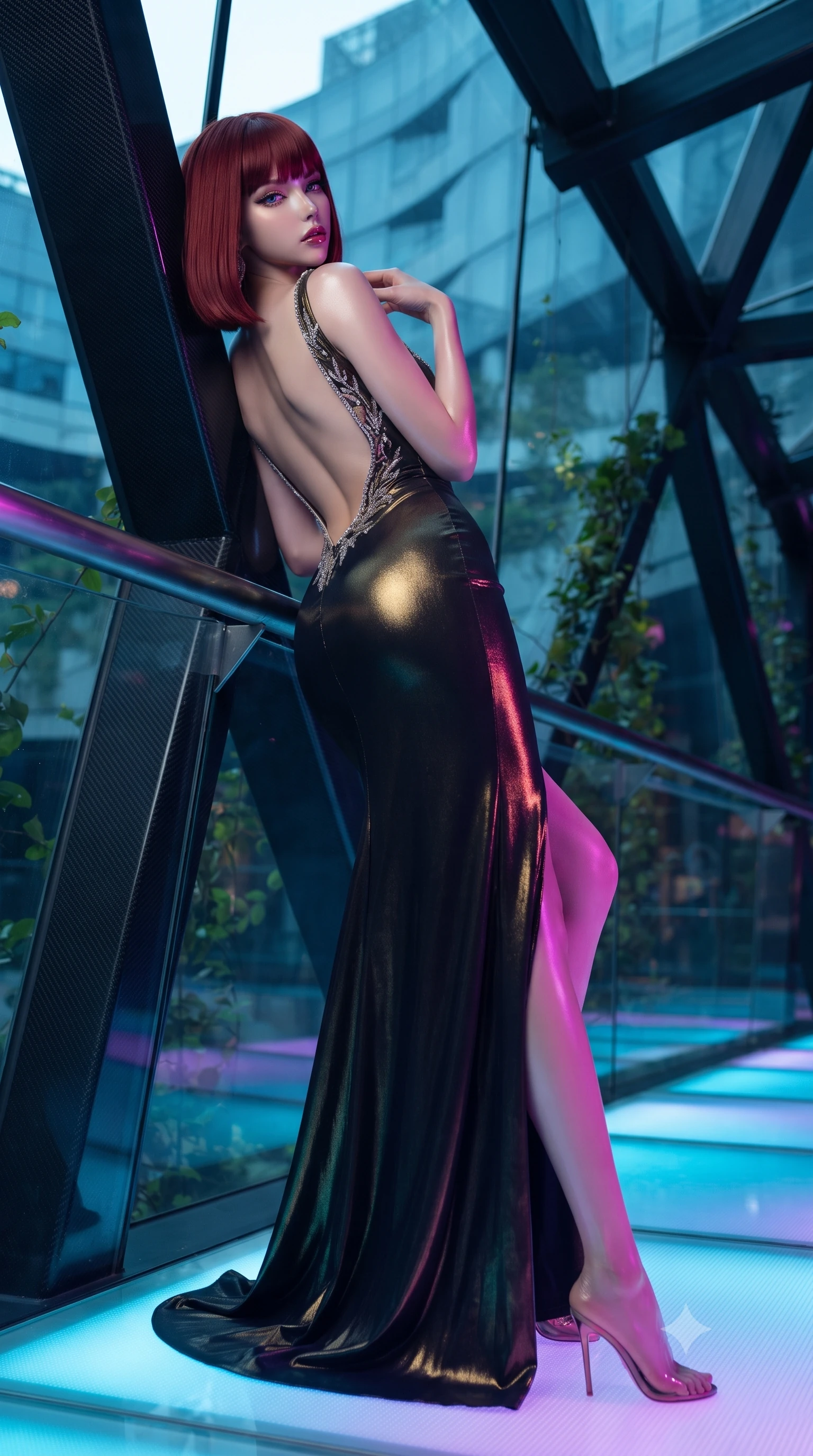 score_9, masterpiece, best quality, ultra-detailed, high-budget anime keyframe, editorial fashion photography, tasteful artistic composition, Caucasian woman. low angle full-body shot from head to toe showing her feet, filling the entire 9:16 vertical frame with her statuesque presence, stretching her vertical silhouette. leaning deep against the structural architecture with hips cocked in an unapologetically bold, seductive high-fashion stance while reclining on a sleek luminescent outdoor bench along the aerial walkway, her long slender legs and curvy hips sculpted by vibrant tropical neon light. The surrounding environment is rendered in vivid detail and crisp panoramic clarity. sharp carbon-fiber skyway trusses, transparent acrylic floor seams, and biomimetic vine textures in deep focus. She has an exceptionally tall and slender model-like 8.5-heads proportion, an ultra-slim waist, a flat toned midriff, narrow delicate ribcage, and beautifully sculpted feminine hips creating a graceful, slim hourglass silhouette without any bulky heaviness, with impossibly long slender legs. sharp v-shaped jawline, high-bridge nose, intricate jewel-like eyes with depth, thick eyelashes, glossy parted lips with a natural sheen, intensely captivating and seductive bedroom-eyes expression, flawlessly proportioned anatomical accuracy, strict slender model proportions, natural body alignment, perfectly sculpted long slender limbs, ultra-slim waistline, clean dynamic posture without body distortion. wearing a liquid-silk jersey evening gown with an ultra-deep plunging open back descending to the base of her spine and a sculpted hip-hugging skirt in midnight obsidian black and liquid gold, crafted from luxurious metallic lamé that shifts radiance with every step, finished with delicate crystal frost embroidery tracing the plunging neckline, the dramatically scooped open back descending to the base of her spine, accentuating her razor-sharp statuesque lines and slim hourglass silhouette. bathed in rich magenta and cyan bioluminescent light contrasting with warm tropical ambient twilight. ultra-reflective glossy finish, specular highlights, rich textural contrasts, high-contrast stereoscopic depth, volumetric dynamic lighting, 2k, ultra detail, master piece, 9:16 ratio