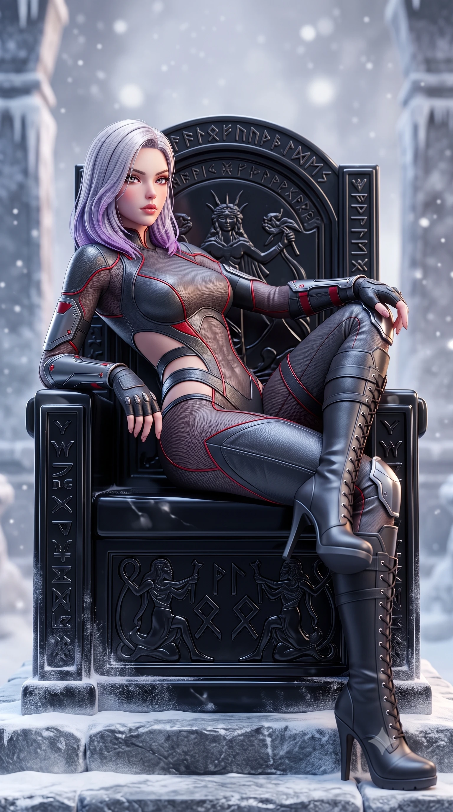 score_9, masterpiece, best quality, ultra-detailed, high-budget anime keyframe, semi-realistic 3D game render, editorial fashion photography, tasteful artistic composition, Caucasian woman. low angle full-body shot from head to toe showing her feet, filling the entire 9:16 vertical frame with her statuesque presence, stretching her vertical silhouette. reclining on her side in an elegant Cleopatra pose with one knee drawn up, the dramatic contour of her rounded hips and long slender legs commanding the 9:16 vertical frame while reclining on a carved obsidian throne propped on one elbow, eyes glowing with supernatural magnetism as she glances past the camera. The composition keeps background elements in soft focus with creamy bokeh. frosted titanium temple pylons and swirling snow haze softened in dramatic cinematic depth. She has an absolutely perfect, statuesque 8.5-heads proportion, an exceptionally tall and slender model-like female figure with impossibly long slender legs, a toned flat midriff, an ultra-slim waist, and beautifully sculpted feminine hips. sharp v-shaped jawline, high-bridge nose, intricate jewel-like eyes with depth, thick eyelashes, glossy parted lips with a natural sheen, intensely captivating and seductive bedroom-eyes expression, flawlessly proportioned anatomical accuracy, strict slender model proportions, natural body alignment, perfectly sculpted long slender limbs, ultra-slim waistline, clean dynamic posture without body distortion. wearing a stealth ballistic leather bodysuit with diagonal midriff cutouts and knee-high combat boots in titanium gunmetal and blood-crimson accents, made of sheer contouring power-mesh panels with anatomical curve lines, complemented by tactical fingerless combat gloves and stiletto combat boots, the second-skin form-contouring cut accentuating her sculpted flat midriff, narrow waistline, and dramatically curvy hips without adding bulk. illuminated by crisp metallic specular reflections sharply defining her sculpted waist, bare spine, and curvy hips. highly saturated vibrant anime colors, detailed shading with soft gradients, rich glossy textures, high-contrast stereoscopic depth, volumetric dynamic lighting, master piece, 9:16 ratio