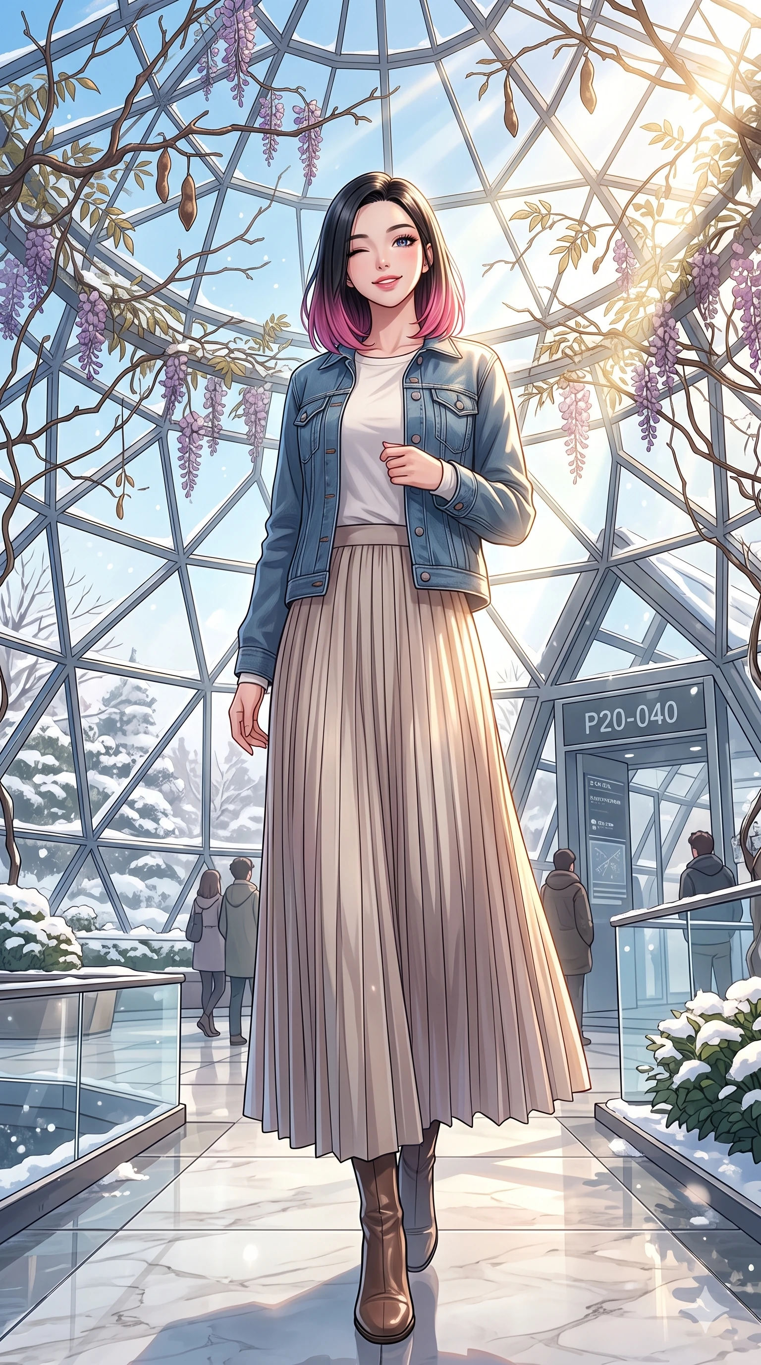 score_9, masterpiece, best quality, ultra-detailed, high-budget anime keyframe, vibrant anime aesthetic, Korean woman. low angle full-body shot from head to toe showing her feet, filling the entire 9:16 vertical frame with her statuesque presence, stretching her vertical silhouette. She is standing under wisteria vines, winking with a delightful and smiling face in winter standing in a quiet glass dome sanctuary with winter sunbeams (Code-P20-040). She has an absolutely perfect 8-heads proportion, an exceptionally tall and slender female figure with impossibly long slender legs and an ultra-slim waist. V-shaped jawline, high-bridge nose, intricate jewel-like eyes with depth, thick eyelashes, glossy lips with a natural sheen. wearing a modern denim jacket over a cotton tee and long pleated skirt in winter. She is drenched in brilliant morning winter sunshine, casting long warm highlights and leaf patterns. 2k, ultra detail, master piece, 9:16 ratio