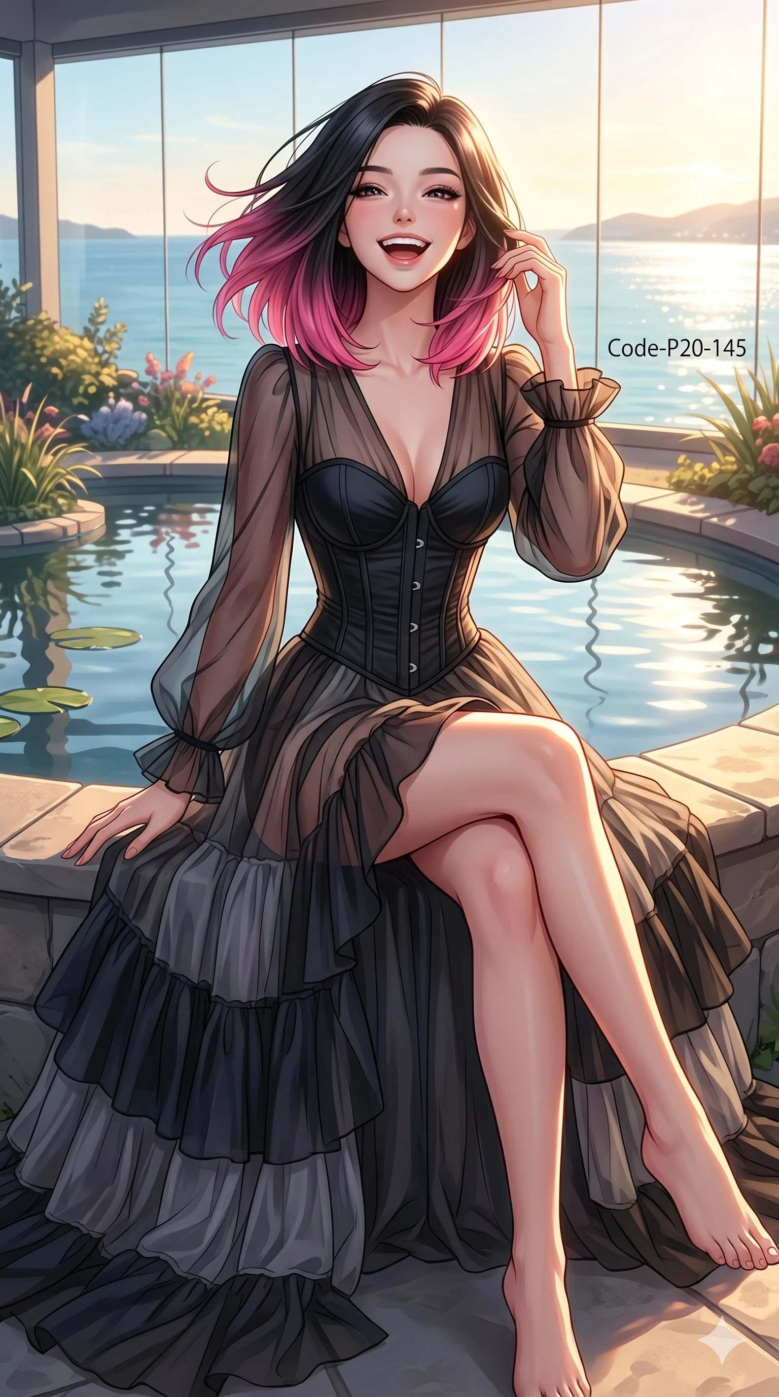 score_9, masterpiece, best quality, ultra-detailed, high-budget anime keyframe, vibrant anime aesthetic, Korean woman. cowboy shot from the thighs up, character and outfit filling the frame for maximum presence. She is sitting by the garden pond, laughing wind-swept and happy in the sunbeams on a glass-walled balcony showing a sunny bay (Code-P20-145). She has an absolutely perfect 8-heads proportion, an exceptionally tall and slender female figure with impossibly long slender legs and an ultra-slim waist. V-shaped jawline, high-bridge nose, intricate jewel-like eyes with depth, thick eyelashes, glossy lips with a natural sheen. wearing a sheer chiffon dress with a black corset bodice. She is bathed in warm golden hour sunset light, casting long shadows across her form. 2k, ultra detail, master piece, 9:16 ratio