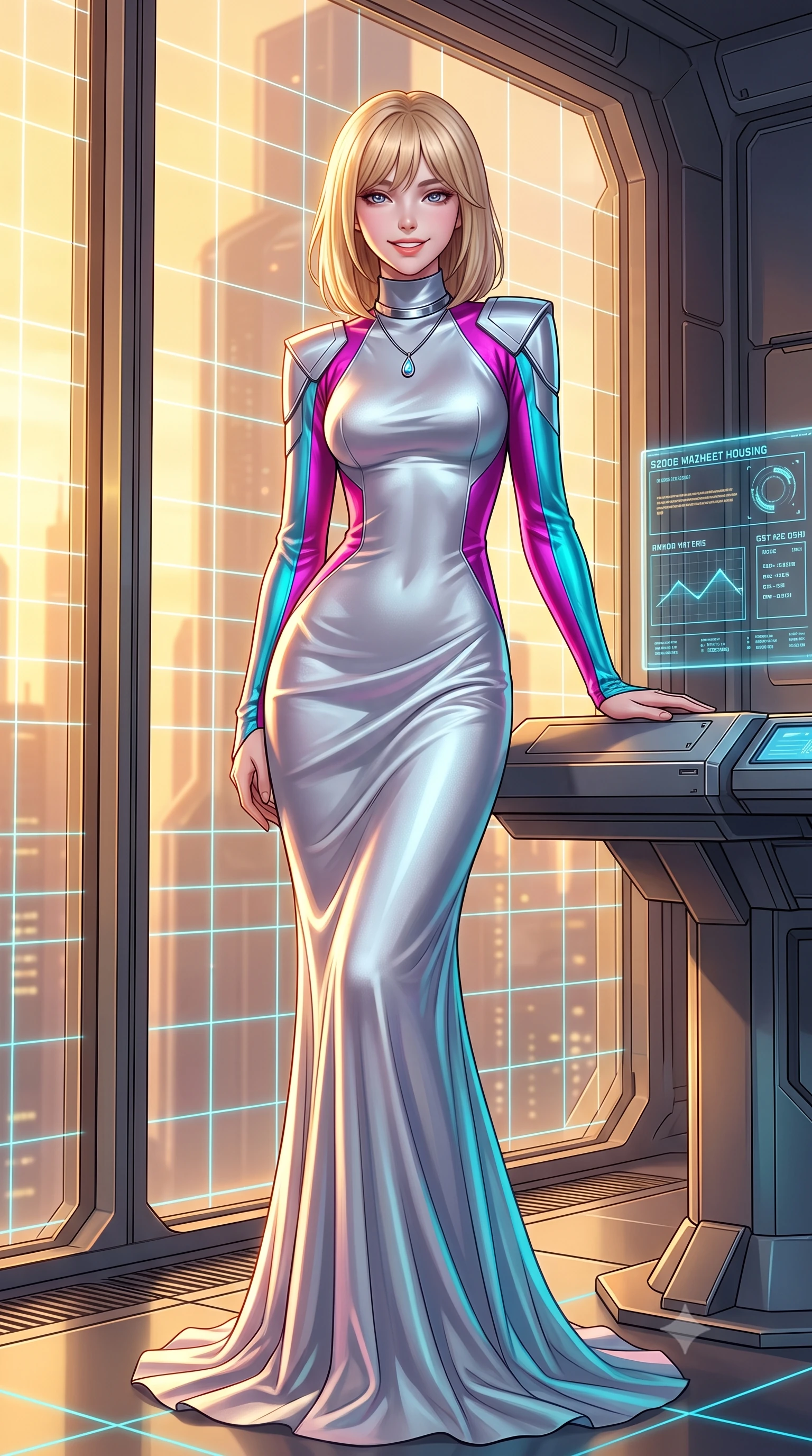 score_9, masterpiece, best quality, ultra-detailed, high-budget anime keyframe, semi-realistic 3D game render, editorial fashion photography, tasteful artistic composition, Japanese woman. low angle full-body shot from head to toe showing her feet, filling the entire 9:16 vertical frame with her statuesque presence, stretching her vertical silhouette. posing in a classic haute-couture S-curve stance beside the floor-to-ceiling window, looking over a bare shoulder with magnetic presence while leaning against the magnetic stabilizer console with hips cocked back, looking through the shimmering laser containment grid with intoxicated smoldering bedroom-eyes. The surrounding environment is rendered in vivid detail and crisp panoramic clarity: sharp superconducting magnet housing seams, laser projector lenses, and digital containment telemetry readouts in deep focus. She has an exceptionally tall and slender model-like 8.5-heads proportion, an ultra-slim waist, a flat toned midriff, narrow delicate ribcage, and beautifully sculpted feminine hips creating a graceful, slim hourglass silhouette without any bulky heaviness, with impossibly long slender legs. sharp v-shaped jawline, high-bridge nose, intricate jewel-like sparkling eyes with depth, thick eyelashes, glossy parted lips with a natural peach sheen, bright cheerful beaming smile with an enchanting and coquettish sensual glint, exuding both youthful cute charm and seductive allure, flawlessly proportioned anatomical accuracy, strict slender model proportions, natural body alignment, perfectly sculpted long slender limbs, ultra-slim waistline, clean dynamic posture without body distortion. wearing an elegant high-neck diplomatic sci-fi gown made of bioluminescent silver silk with structured geometric shoulder plates and long flowing sleeves in Kowloon neon magenta and electric teal, crafted from bespoke double-faced cashmere with an exceptionally soft tactile finish, finished with a minimalist chrome choker and a single teardrop diamond pendant, the impeccably tailored cut draping gracefully along her slender figure with aristocratic poise. bathed in the blinding warm golden 3000K plasma radiance mixed with delicate cyan laser grid lines. highly saturated vibrant anime colors, detailed shading with soft gradients, rich glossy textures, high-contrast stereoscopic depth, volumetric dynamic lighting, master piece, 9:16 ratio