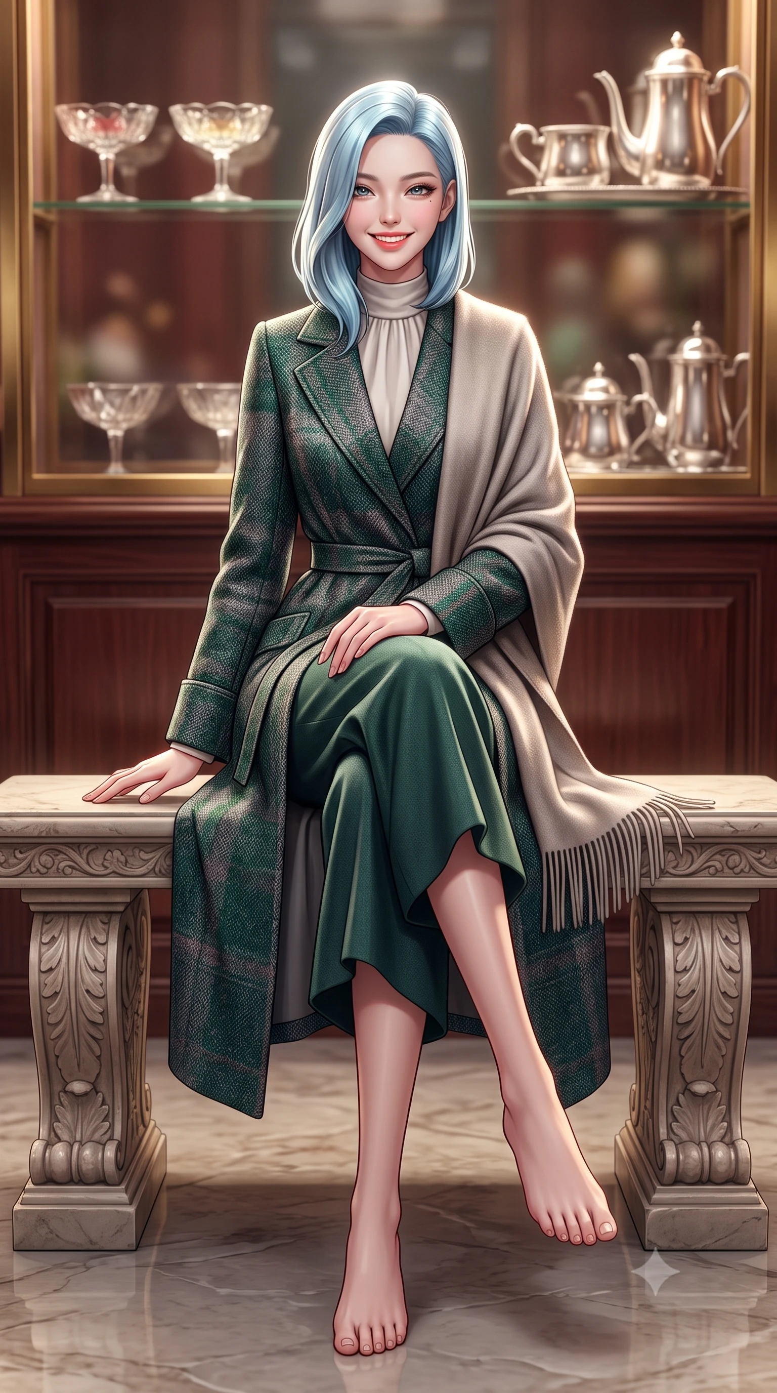 score_9, masterpiece, best quality, ultra-detailed, high-budget anime keyframe, semi-realistic 3D game render, editorial fashion photography, tasteful artistic composition, Korean woman. low angle full-body shot from head to toe showing her feet, filling the entire 9:16 vertical frame with her statuesque presence, stretching her vertical silhouette. sitting gracefully on the carved stone bench with legs crossed at the ankles, hands resting gently in her lap with noble poise while walking through the 1920s-inspired Ginza salon past brass-framed vitrines, turning with magnetic cosmopolitan charm. The background shows a soft-focus vintage crystal dessert coupes and silver coffee services softened in nostalgic Tokyo cafe romance shallow focus. She has an exceptionally tall and slender model-like 8.5-heads proportion, an ultra-slim waist, a flat toned midriff, narrow delicate ribcage, and beautifully sculpted feminine hips creating a graceful, slim hourglass silhouette without any bulky heaviness, with impossibly long slender legs. sharp v-shaped jawline, high-bridge nose, intricate jewel-like sparkling eyes with depth, thick eyelashes, glossy parted lips with a natural peach sheen, bright cheerful beaming smile with an enchanting and coquettish sensual glint, exuding both youthful cute charm and seductive allure, flawlessly proportioned anatomical accuracy, strict slender model proportions, natural body alignment, perfectly sculpted long slender limbs, ultra-slim waistline, clean dynamic posture without body distortion. wearing a modern tailored silk-blend robe coat with minimalist sash belt layered over a high-neck blouse and wide culottes in St. Moritz pine forest emerald and heather grey, tailored from heritage British Harris Tweed with rich multi-tonal yarn weave, accented with a wide brushed cashmere fringe scarf draped elegantly over one shoulder, the streamlined silhouette following her natural slender proportions with sophisticated poise, enhancing her tall willowy presence. illuminated by rosewood wall and brass reflection bounce with crisp champagne rim lights defining her cheekbones and slender waist. highly saturated vibrant anime colors, detailed shading with soft gradients, rich glossy textures, high-contrast stereoscopic depth, volumetric dynamic lighting, master piece, 9:16 ratio