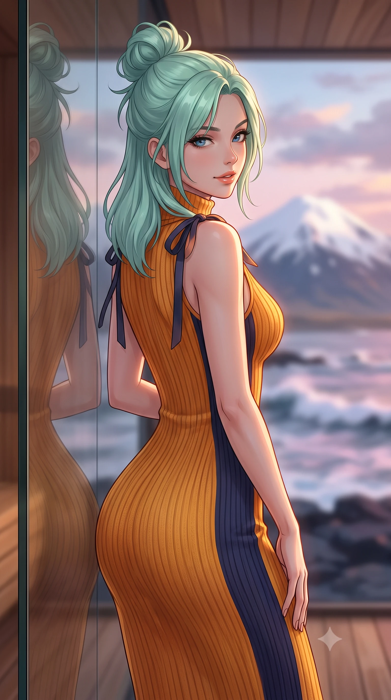 score_9, masterpiece, best quality, ultra-detailed, high-budget anime keyframe, editorial fashion photography, tasteful artistic composition, Japanese woman. close-up cowboy shot from the waist and thighs up, the character dominates the composition, filling the frame with her large presence. posing in an alluring rear three-quarter angle, looking over a bare shoulder with parted glossy lips, her hips cocked back to highlight her slim hourglass curve while leaning against the frameless glass sauna wall with hips cocked back, looking out at the snow-capped Snæfellsjökull glacier with smoldering bedroom-eyes. The background shows a soft-focus snow-capped volcanic glacier peak of Snæfellsjökull under midnight sun pastel clouds, pounding Arctic ocean waves, blurred into rose, lavender, and obsidian bokeh. She has an exceptionally elegant, slender, and willowy female figure with an ultra-slim waist, flat toned midriff, narrow ribcage, and sculpted feminine hips creating an alluring, slim hourglass silhouette without bulk. sharp v-shaped jawline, high-bridge nose, intricate jewel-like sparkling eyes with depth, thick eyelashes, glossy parted lips with a natural peach sheen, bright cheerful beaming smile with an enchanting and coquettish sensual glint, exuding both youthful cute charm and seductive allure, flawlessly proportioned anatomical accuracy, strict slender model proportions, natural body alignment, perfectly sculpted long slender limbs, ultra-slim waistline, clean dynamic posture without body distortion. wearing an ultra-sleek Icelandic thermal ribbed knit turtleneck midi dress hugging every contour of her hourglass frame in Seville orange blossom gold and midnight moorish indigo, crafted from fluid liquid silk satin that clings smoothly to her narrow waist and rounded hips with a dewy sheen, finished with satin ribbon ties at the shoulders fluttering in the gentle breeze, the bespoke structured tailoring following the natural line of her 8.5-heads silhouette with refined elegance. illuminated by cedar deck reflection bounce and sharp copper-gold rim lights sculpting her jawline, narrow waist, and curvy hips. ultra-reflective glossy finish, specular highlights, rich textural contrasts, high-contrast stereoscopic depth, volumetric dynamic lighting, 2k, ultra detail, master piece, 9:16 ratio