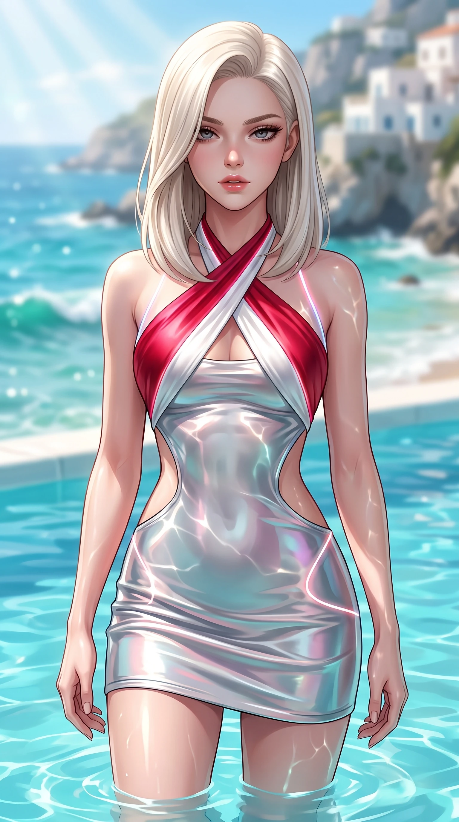 score_9, masterpiece, best quality, ultra-detailed, high-budget anime keyframe, semi-realistic 3D game render, editorial fashion photography, tasteful artistic composition, Caucasian woman. close-up cowboy shot from the waist and thighs up, the character dominates the composition, filling the frame with her large presence. casting a slow, smoldering gaze beneath heavy lashes with parted glossy lips, her head slightly tilted in captivating self-assurance while standing waist-deep in crystal-clear turquoise pool water as radiant midday sunbeams cast dancing caustic reflections across her torso. The composition keeps background elements in soft focus with creamy bokeh. sparkling turquoise sea waves and white cliffside architecture blurred into creamy, sun-drenched azure bokeh. She has an exceptionally elegant, slender, and willowy female figure with an ultra-slim waist, a gracefully sculpted slender torso, toned flat midriff, and a refined slim silhouette. sharp v-shaped jawline, high-bridge nose, intricate jewel-like eyes with depth, thick eyelashes, glossy lips with a natural sheen, flawlessly proportioned anatomical accuracy, strict slender model proportions, natural body alignment, perfectly sculpted long slender limbs, ultra-slim waistline, clean dynamic posture without body distortion. wearing a molten silver liquid-metal mini dress featuring deep side-waist cutouts and a daring crossover halter neckline in radiant crimson silk and crisp snow white, made of smooth iridescent silk chiffon that shifts colors with movement, accented with glowing fiber-optic seams tracing her collarbones and hip curves, the liquid-tight tailored fabric emphasizing every curve of her tall, slender model proportions and sculptured silhouette during dynamic movement. bathed in brilliant Mediterranean sunlight and glittering turquoise pool water caustics. highly saturated vibrant anime colors, detailed shading with soft gradients, rich glossy textures, high-contrast stereoscopic depth, volumetric dynamic lighting, master piece, 9:16 ratio