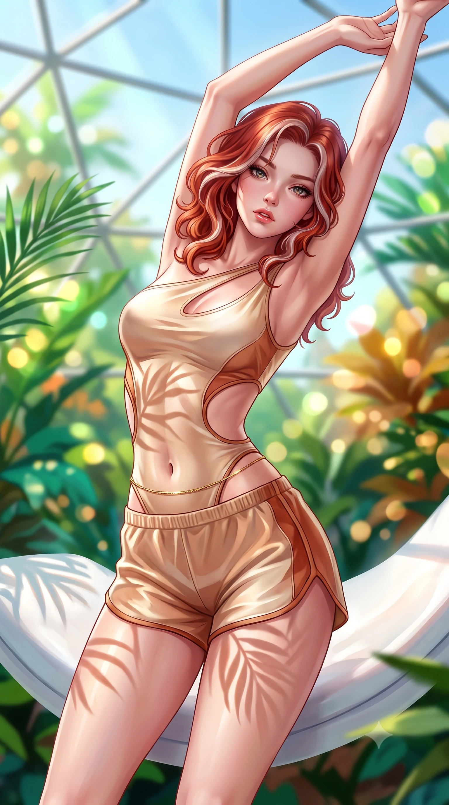 score_9, masterpiece, best quality, ultra-detailed, high-budget anime keyframe, semi-realistic 3D game render, editorial fashion photography, tasteful artistic composition, Caucasian woman. close-up cowboy shot from the waist and thighs up, the character dominates the composition, filling the frame with her large presence. arching her back languidly with arms stretching overhead, highlighting her narrow waist and feminine silhouette in pure supermodel elegance while stretching her slender body on a floating white porcelain daybed beneath a geometric glass dome, arching her back with arms raised. The composition keeps background elements in soft focus with creamy bokeh. geometric solar dome facets and lush exotic tropical foliage blurred into radiant emerald, lime, and warm honey bokeh. She has an exceptionally elegant, slender, and willowy female figure with an ultra-slim waist, a gracefully sculpted slender torso, toned flat midriff, and a refined slim silhouette. sharp v-shaped jawline, high-bridge nose, intricate jewel-like eyes with depth, thick eyelashes, glossy parted lips with a natural sheen, intensely captivating and seductive expression, flawlessly proportioned anatomical accuracy, strict slender model proportions, natural body alignment, perfectly sculpted long slender limbs, ultra-slim waistline, clean dynamic posture without body distortion. wearing a cut-out solarpunk asymmetrical bodysuit with organic leaf-curve side openings and athletic shorts in sun-kissed champagne and warm terracotta, crafted from weightless prism organza that refracts light with every motion, accented with an ultra-slim golden waist chain accentuating her flat midriff, the relaxed yet flattering fit accentuating her naturally graceful and slender figure, highlighting her tall statuesque proportions. illuminated by organic stencil shadows from tropical leaves tracing her sculpted torso and legs. highly saturated vibrant anime colors, detailed shading with soft gradients, rich glossy textures, high-contrast stereoscopic depth, volumetric dynamic lighting, master piece, 9:16 ratio