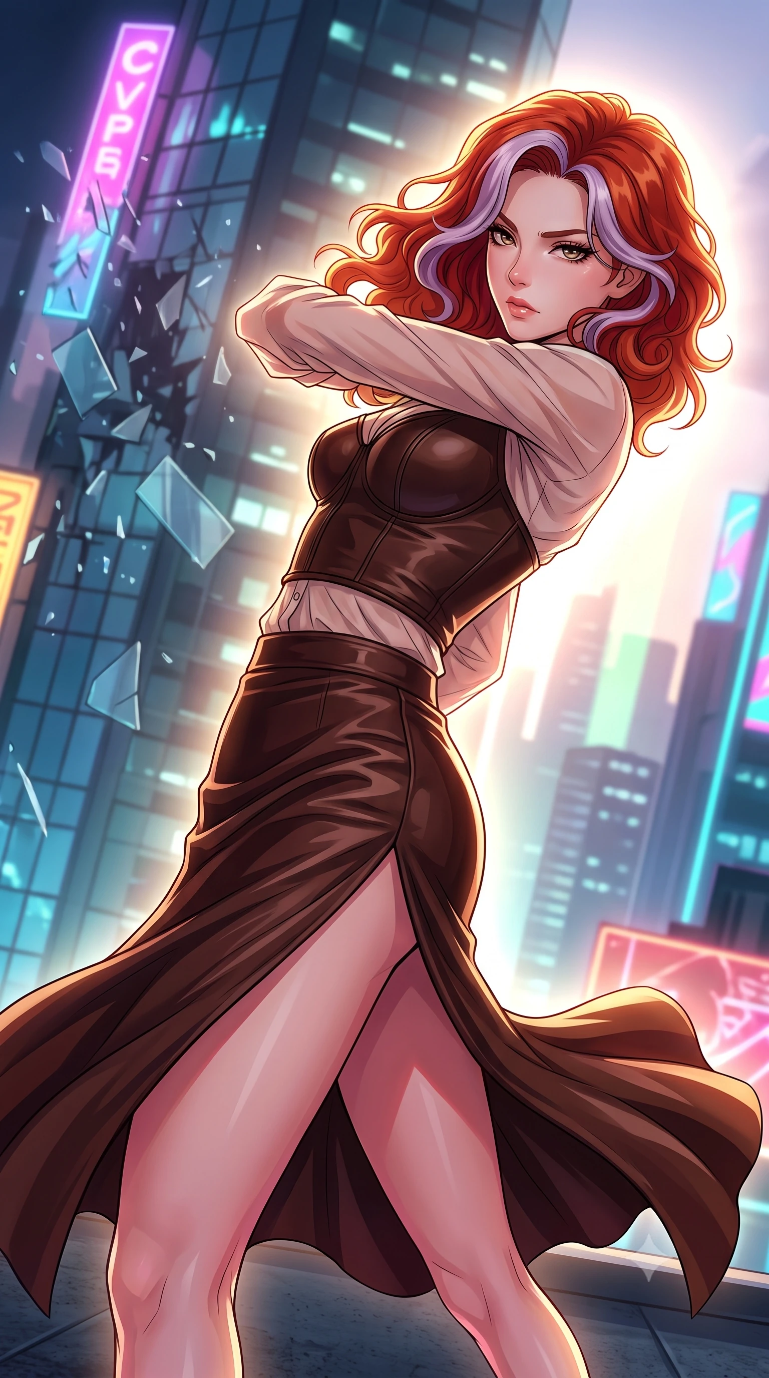 score_9, masterpiece, best quality, ultra-detailed, high-budget anime keyframe, clean line-art, cel-shading, Caucasian woman, strictly human ears. close-up cowboy shot from the waist and thighs up, the character dominates the composition, filling the frame with her large presence, background elements kept in soft focus. Leaning back to dodge a fast strike with fluid grace, casting a cold side-glare. set against a soft-focus background of the rooftop of a cyberpunk skyscraper tilting and collapsing, neon signs shattering and glass panels sliding off the facade. She has an exceptionally elegant and slender, willowy female figure with an ultra-slim waist, a gracefully sculpted slender torso, and a refined slim physique. sharp v-shaped jawline, high-bridge nose, intricate jewel-like eyes with depth, thick eyelashes, glossy lips with a natural sheen. wearing the lightweight fabric rippling and billowing dramatically with her movement, a tailored fitted bustier top in dark chocolate brown leather, paired with a matching high-waisted midi skirt with a high side slit. dramatic backlight creating a radiant halo effect around her entire silhouette. highly saturated vibrant anime colors, intense vivid color palette, volumetric dynamic lighting, 2k, ultra detail, master piece, 9:16 ratio