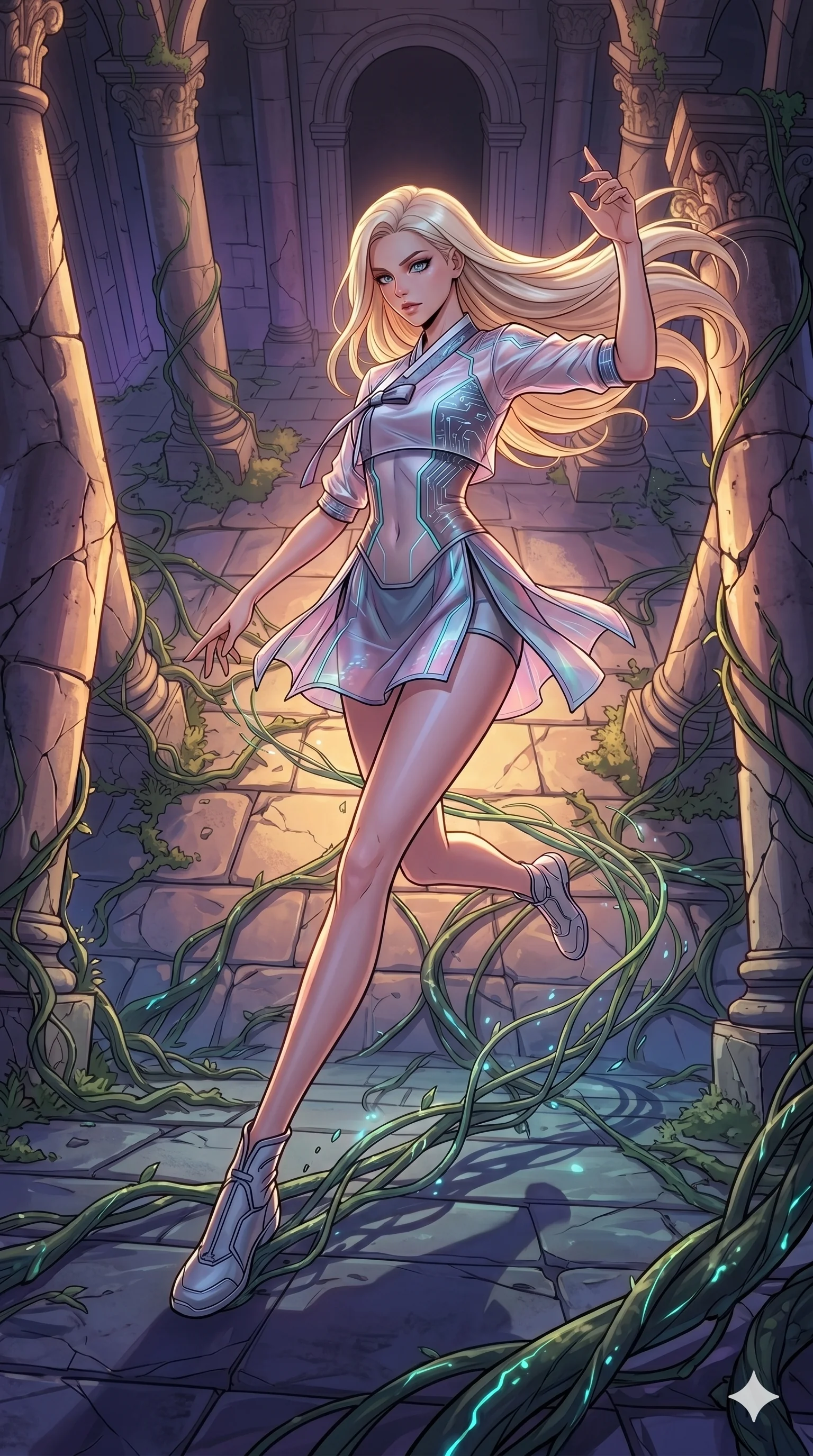 score_9, masterpiece, best quality, ultra-detailed, high-budget anime movie keyframe, cinematic anime lighting, intricate line art, Japanese woman. Extreme high angle shot as she leaps towards the camera, filling the frame. dancing in a ruin where the vines grow and retreat with her steps. She has an absolutely perfect 8-heads proportion, an exceptionally tall and slender female figure with an ultra-slim waist and impossibly long slender legs. strictly human anatomy, two legs only, no extra limbs, clearly defined legs and arms, perfect anatomy, perfect hands and fingers. sharp v-shaped jawline, high-bridge nose, intricate jewel-like eyes, thick eyelashes, glossy lips. Wearing Modern Traditional: Shortened cyber-hanbok with fusion silk robes and transparent panels. The scene is illuminated by dramatic atmospheric lighting and vibrant color palettes. , 2k, ultra detail, master piece, 9:16 ratio