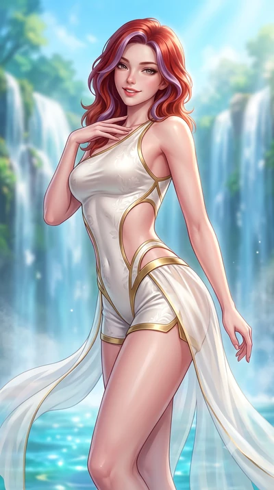 score_9, masterpiece, best quality, ultra-detailed, high-budget anime keyframe, semi-realistic 3D game render, editorial fashion photography, tasteful artistic composition, Caucasian woman. close-up cowboy shot from the waist and thighs up, the chara