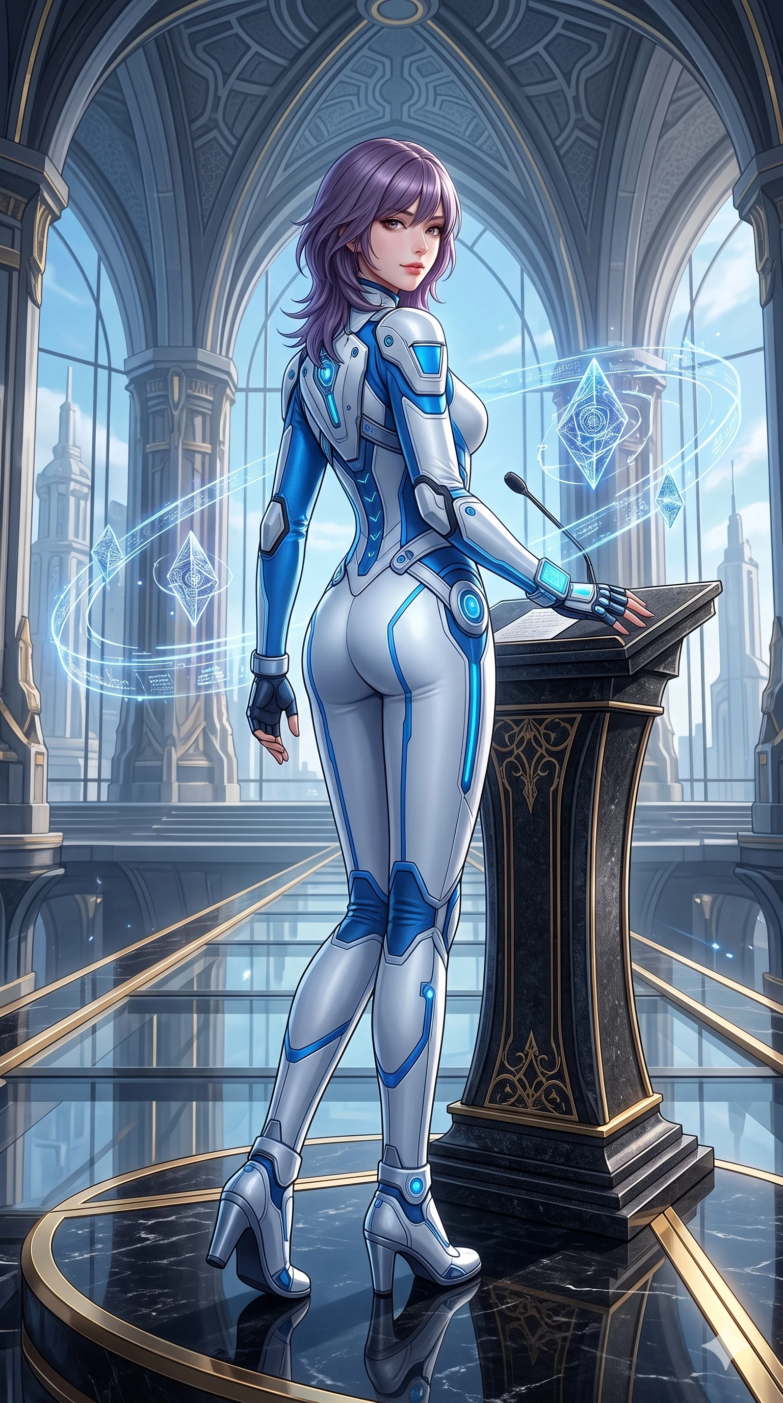 score_9, masterpiece, best quality, ultra-detailed, high-budget anime keyframe, semi-realistic 3D game render, editorial fashion photography, tasteful artistic composition, Japanese woman. low angle full-body shot from head to toe showing her feet, filling the entire 9:16 vertical frame with her statuesque presence, stretching her vertical silhouette. walking slowly along the transparent glass skybridge, looking back over her shoulder with an air of effortless grace and an alluring, smoldering smile while standing poised at the black granite speaker podium, arching her lower back with sovereign supermodel grace as levitating cryptographic data crystals rotate in complex orbital paths. The surrounding environment is rendered in vivid detail and crisp panoramic clarity: intricate high-collar pilot suit tailoring, structured shoulder lines, and imperial senate architecture in razor-sharp clarity. She has an absolutely perfect, statuesque 8.5-heads proportion, an exceptionally tall and slender model-like female figure with impossibly long slender legs, an ultra-slim waist, a flat toned midriff, narrow delicate ribcage, and beautifully sculpted feminine hips creating a graceful, slim hourglass silhouette without any bulky heaviness. sharp v-shaped jawline, high-bridge nose, intricate jewel-like sparkling eyes with depth, thick eyelashes, glossy parted lips with a natural sheen, bright confident smile with an enchanting and coquettish sensual glint, exuding both youthful magnetic charm and sovereign high-tech allure, flawlessly proportioned anatomical accuracy, strict slender model proportions, natural body alignment, perfectly sculpted long slender limbs, ultra-slim waistline, clean dynamic posture without body distortion. wearing a tailored high-collar aerodynamic flight suit with structured carbon-fiber shoulder plates and ergonomic zip channels in arctic snowflake white and electric plasma blue, tailored from brushed aeronautical titanium alloy with matte satin sheen, complemented by fingerless armored tactical gloves and a glowing holographic wrist terminal, the bespoke structured tailoring following the natural line of her 8.5-heads silhouette with refined elegance. illuminated by black granite floor reflections and sharp gold-platinum rim lights carving her sculpted collarbones, ultra-slim waist, and curvy hips. highly saturated vibrant anime colors, detailed shading with soft gradients, rich glossy textures, high-contrast stereoscopic depth, volumetric dynamic lighting, master piece, 9:16 ratio