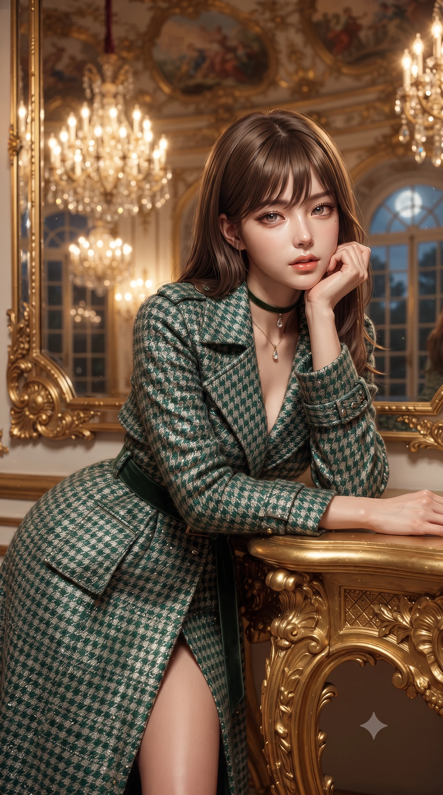 score_9, masterpiece, best quality, ultra-detailed, high-budget anime keyframe, editorial fashion photography, tasteful artistic composition, Korean woman. close-up cowboy shot from the waist and thighs up, the character dominates the composition, filling the frame with her large presence. resting one elbow on the table and supporting her chin, leaning close to the camera with heavy-lidded sparkling eyes and parted lips while leaning against the gilded Baroque console table with hips cocked back, looking into the bevelled antique mirror with smoldering bedroom-eyes. The background shows a soft-focus flickering multi-tiered crystal chandeliers, gilded allegorical ceiling frescoes, and moonlit Baroque palace gardens through tall arched French windows blurred into champagne, amber, and gold bokeh. She has an exceptionally elegant, slender, and willowy female figure with an ultra-slim waist, flat toned midriff, narrow ribcage, and sculpted feminine hips creating an alluring, slim hourglass silhouette without bulk. sharp v-shaped jawline, high-bridge nose, intricate jewel-like sparkling eyes with depth, thick eyelashes, glossy parted lips with a natural peach sheen, bright cheerful beaming smile with an enchanting and coquettish sensual glint, exuding both youthful cute charm and seductive allure, flawlessly proportioned anatomical accuracy, strict slender model proportions, natural body alignment, perfectly sculpted long slender limbs, ultra-slim waistline, clean dynamic posture without body distortion. wearing a structured Viennese secessionist houndstooth trench coat with belted waist and storm flaps in Art Nouveau malachite green and antique starlight silver, woven from structured British tweed with subtle metallic flecks, finished with a thin velvet ribbon choker and a single teardrop diamond pendant, the impeccably tailored cut draping gracefully along her slender figure with aristocratic poise. bathed in the warm radiant 2600K golden illumination of hundreds of crystal chandelier lamps dimmed to an intimate evening glow. ultra-reflective glossy finish, specular highlights, rich textural contrasts, high-contrast stereoscopic depth, volumetric dynamic lighting, 2k, ultra detail, master piece, 9:16 ratio