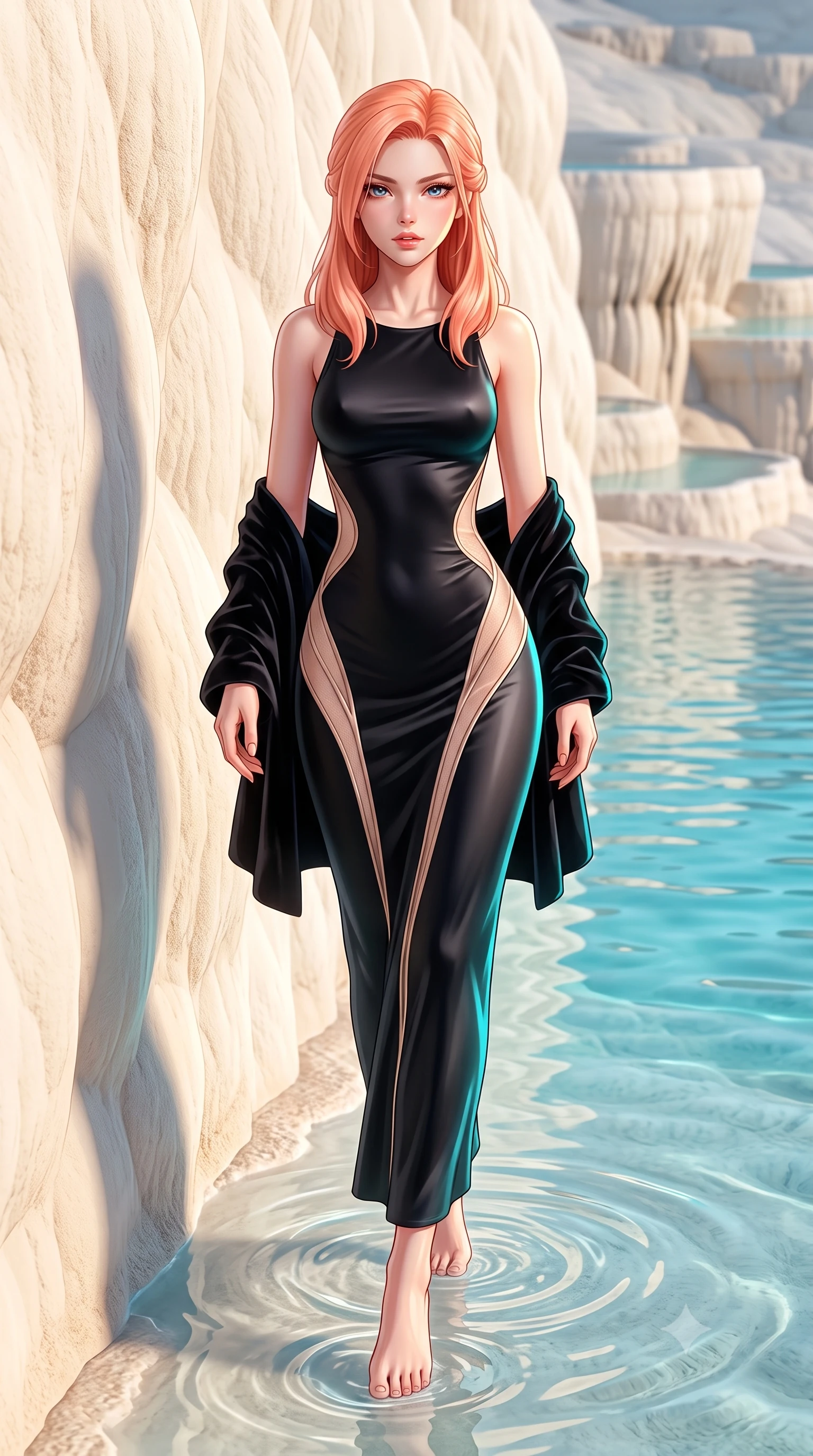 score_9, masterpiece, best quality, ultra-detailed, high-budget anime keyframe, semi-realistic 3D game render, editorial fashion photography, tasteful artistic composition, Japanese woman. low angle full-body shot from head to toe showing her feet, filling the entire 9:16 vertical frame with her statuesque presence, stretching her vertical silhouette. striding forward in a proud supermodel runway stride, hips swaying in an alluring kinetic rhythm that accentuates her curvy hourglass silhouette while reclining back against the warm white calcium terrace wall with hips cocked, mineral water lapping gently around her flat midriff and long slender legs. The surrounding environment is rendered in vivid detail and crisp panoramic clarity. sharp calcium travertine ripple textures, mineral water surface tension, and terraced cliff contours in deep focus. She has an exceptionally tall and slender model-like 8.5-heads proportion, an ultra-slim waist, a flat toned midriff, narrow delicate ribcage, and beautifully sculpted feminine hips creating a graceful, slim hourglass silhouette without any bulky heaviness, with impossibly long slender legs. sharp v-shaped jawline, high-bridge nose, intricate jewel-like eyes with depth, thick eyelashes, glossy parted lips with a natural sheen, intensely captivating and seductive bedroom-eyes expression, flawlessly proportioned anatomical accuracy, strict slender model proportions, natural body alignment, perfectly sculpted long slender limbs, ultra-slim waistline, clean dynamic posture without body distortion. wearing a second-skin black silk jersey maxi dress with asymmetrical sheer mesh side panels tracing the full curve of her hip in vintage champagne ivory and delicate rose gold, tailored from ultra-smooth duchess satin with a pearlescent sheen, complemented by a plush velvet shawl draped loosely over her elbows, the precision-cut side openings and low-back scoop framing her graceful spine and the sensual sweep of her slim, toned hips. illuminated by luminous turquoise water reflections sharply carving her razor-sharp jawline, narrow waist, and curvy hips. highly saturated vibrant anime colors, detailed shading with soft gradients, rich glossy textures, high-contrast stereoscopic depth, volumetric dynamic lighting, master piece, 9:16 ratio
