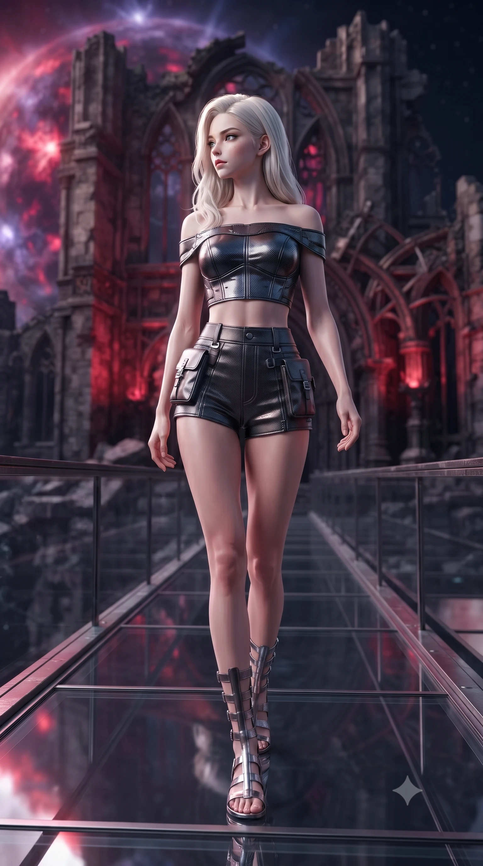 score_9, masterpiece, best quality, ultra-detailed, high-budget anime keyframe, editorial fashion photography, tasteful artistic composition, Caucasian woman. low angle full-body shot from head to toe showing her feet, filling the entire 9:16 vertical frame with her statuesque presence, stretching her vertical silhouette. walking slowly along a glass skybridge, looking back over her shoulder with an air of effortless grace, the background shows a soft-focus a ruined space cathedral built next to a massive dying star supernova. She has an absolutely perfect, statuesque 8.5-heads proportion, an exceptionally tall and slender model-like female figure with impossibly long slender legs and an ultra-slim waist. sharp v-shaped jawline, high-bridge nose, intricate jewel-like eyes with depth, thick eyelashes, glossy lips with a natural sheen. wearing a tailored chic off-shoulder carbon-plate crop top, paired with high-waisted utility micro-shorts. the dying star supernova casting deep crimson highlights on the stone walls. ultra-reflective glossy finish, specular highlights, metallic sheen, high-contrast stereoscopic depth, volumetric dynamic lighting, 2k, ultra detail, master piece, 9:16 ratio
