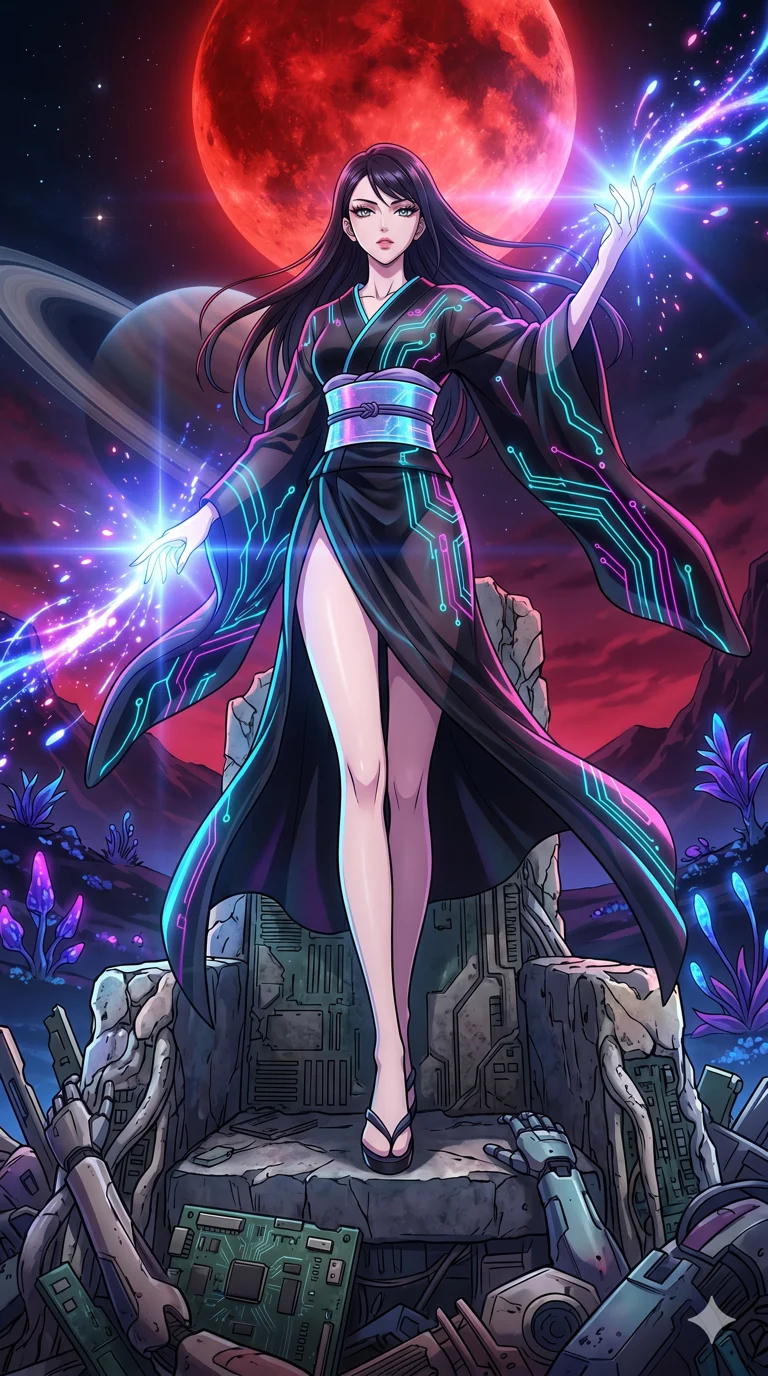 score_9, masterpiece, best quality, ultra-detailed, High-budget Anime Keyframe, vibrant colors, fluid line-art, expressive lighting, cinematic composition, Ufotable-style visual effects, top-tier animation quality, Japanese woman with delicate and elegant anime-inspired features. Dynamic full-body shot stretching the vertical silhouette, capturing her from a powerful low-angle perspective. Standing victorious on a grand throne made of calcified logic-boards and discarded cybernetics under the ominous glow of a massive blood moon. She has an absolutely perfect 8-heads proportion, an exceptionally tall and slender female figure with impossibly long slender legs and an ultra-slim waist, her statuesque height and towering silhouette dominating the vertical 9:16 frame. Her face is a masterpiece featuring a sharp v-shaped jawline, high-bridge nose, intricate jewel-like eyes with depth, thick eyelashes, and glossy lips with a natural sheen. She is wearing a High-slit tech-kimono with holographic obi and integrated neon-lit circuitry patterns crafted from Sheer silk that is almost transparent, flowing like water around her statuesque frame, with a dangerous high slit that showcases her impossibly long slender legs. The scene is set in a mysterious alien planet with bioluminescent purple flora and a giant ringed planet in the sky, illuminated by intense energy flares from her powers illuminating the scene with brilliant light. 2k, ultra detail, master piece, 9:16 ratio
