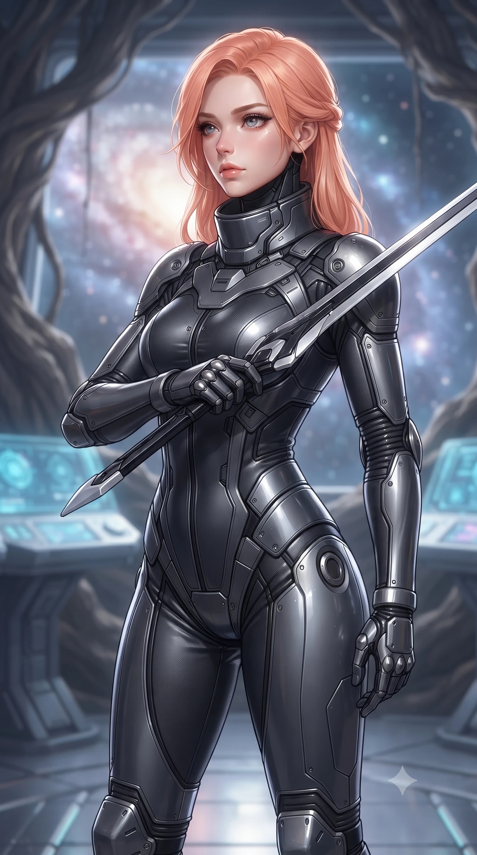 score_9, masterpiece, best quality, ultra-detailed, high-budget anime keyframe, editorial fashion photography, tasteful artistic composition, Japanese woman. close-up cowboy shot from the waist and thighs up, the character dominates the composition, filling the frame with her large presence, background elements kept in soft focus. holding a deactivated nanotech glaive, looking past the camera with quiet, sharp focus and a composed expression, the background shows a soft-focus a banyan tree observatory platform looking out at a galaxy nebula in stardust. She has an exceptionally elegant, slender, and willowy female figure with an ultra-slim waist, a gracefully sculpted slender torso, and a refined silhouette. sharp v-shaped jawline, high-bridge nose, intricate jewel-like eyes with depth, thick eyelashes, glossy lips with a natural sheen. wearing a form-contouring heavy-duty hazard suit with carbon reinforcement panels, featuring a high-neck protective collar and safety boots. soft silver starlight wrapping her statuesque posture in a quiet, solemn mood. ultra-reflective glossy finish, specular highlights, metallic sheen, high-contrast stereoscopic depth, volumetric dynamic lighting, 2k, ultra detail, master piece, 9:16 ratio