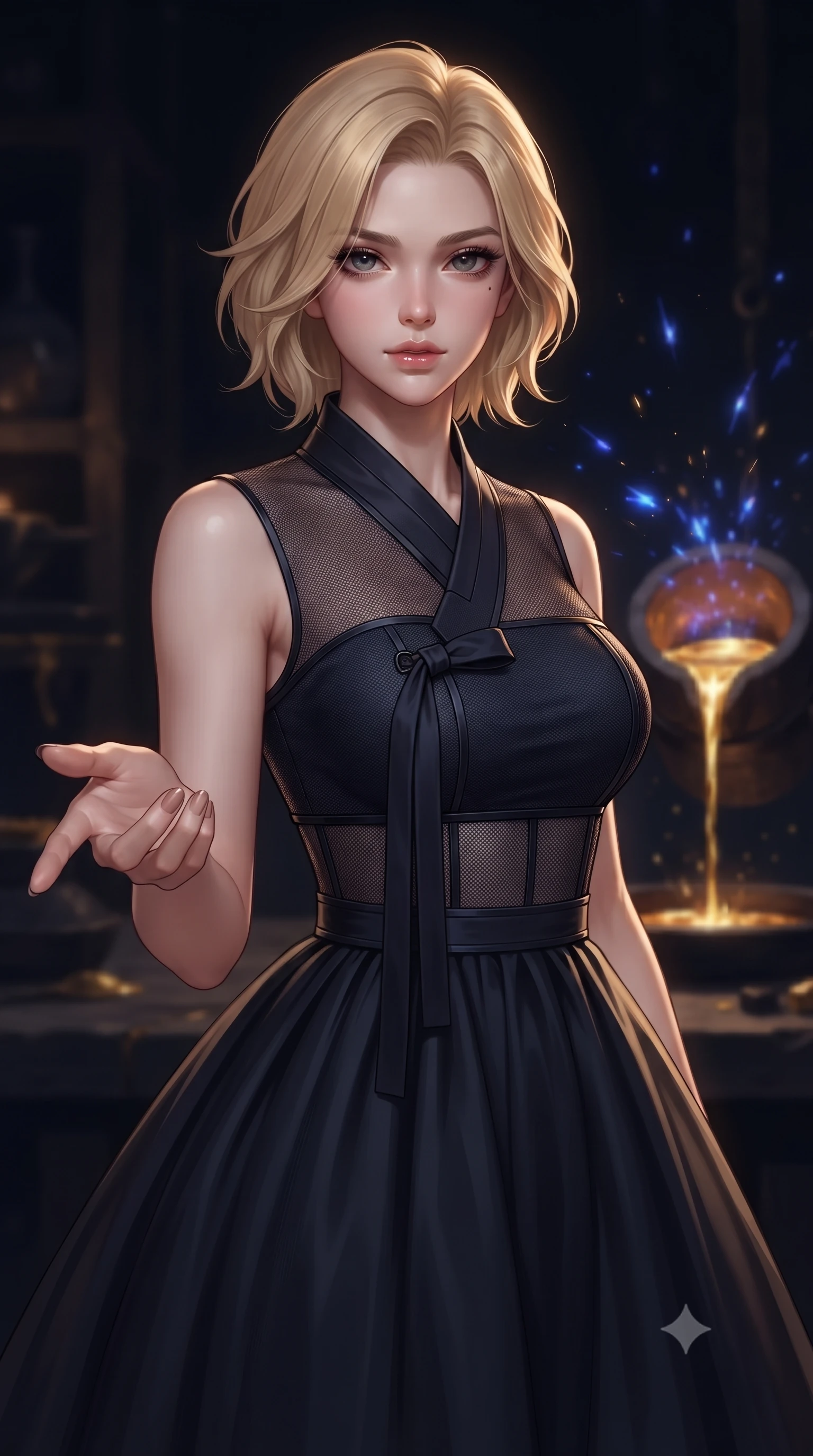 score_9, masterpiece, best quality, ultra-detailed, high-budget anime keyframe, editorial fashion photography, tasteful artistic composition, Caucasian woman. close-up cowboy shot from the waist and thighs up, the character dominates the composition, filling the frame with her large presence, background elements kept in soft focus. Reaching one hand toward the viewer with relaxed dark elegance, standing before a dark crucible flowing with molten gold kintsugi liquid, deep cobalt alchemy sparks bursting gracefully in the dark air. She has an exceptionally elegant, slender, and willowy female figure with an ultra-slim waist, a gracefully sculpted slender torso, and a refined silhouette. sharp v-shaped jawline, high-bridge nose, intricate jewel-like eyes with depth, thick eyelashes, glossy lips with a natural sheen. wearing modern fusion dark hanbok dress with structured obsidian bodice in obsidian black, made of fine dark contouring mesh, adorned with minimalist black onyx hardware framing the silhouette, sculpting her athletic slender build with refined precision. lit by sharp golden key light emerging from deep obsidian workshop shadows. highly saturated vibrant anime colors, detailed shading with soft gradients, rich glossy textures, high-contrast stereoscopic depth, volumetric dynamic lighting, master piece, 9:16 ratio