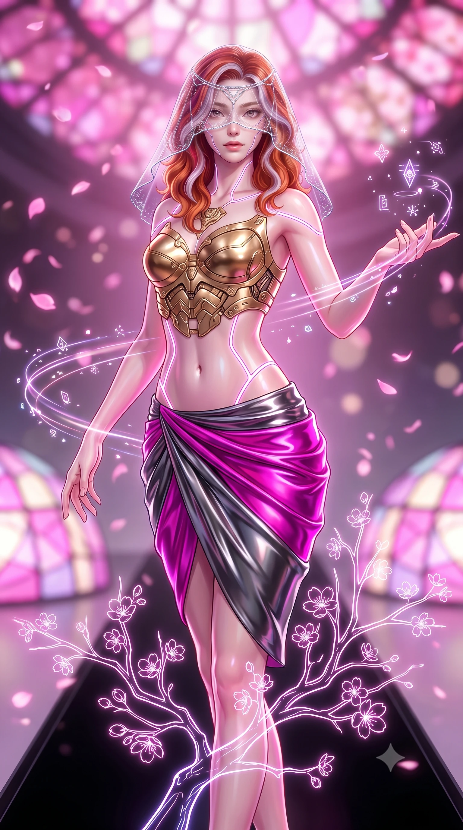 score_9, masterpiece, best quality, ultra-detailed, high-budget anime keyframe, semi-realistic 3D game render, editorial fashion photography, tasteful artistic composition, Caucasian woman. close-up cowboy shot from the waist and thighs up, the character dominates the composition, filling the frame with her large presence. extending one arm gracefully as floating holographic glyphs and nano-crystals orbit her fingertips with sovereign power while pivoting dynamically on a black glass runway as holographic cherry blossom branches branch out in glowing neon lines. The composition keeps background elements in soft focus with creamy bokeh. swirling digital sakura petals and glowing stained-glass dome facets blurred into dreamy magenta and pastel pink bokeh. She has an exceptionally elegant, slender, and willowy female figure with an ultra-slim waist, a gracefully sculpted slender torso, toned flat midriff, and a refined slim silhouette. sharp v-shaped jawline, high-bridge nose, intricate jewel-like eyes with depth, thick eyelashes, glossy lips with a natural sheen, flawlessly proportioned anatomical accuracy, strict slender model proportions, natural body alignment, perfectly sculpted long slender limbs, ultra-slim waistline, clean dynamic posture without body distortion. wearing an ethereal translucent cyber-veil paired with a sculpted golden mechanical cuirass and high-fashion draped silk skirt in vibrant electric magenta and ultra-reflective dark titanium, crafted from ultra-reflective second-skin liquid metal with a mirror-like polish, accented with glowing fiber-optic seams tracing her collarbones and hip curves, the sleek second-skin cut tightly hugging her graceful clavicle, narrow waist, and feminine curves with athletic precision. bathed in luminous magenta and rose-pink digital sakura backlighting with soft violet fill. rich saturated anime colors with glowing neon highlights, detailed shading with soft gradients, rich glossy textures, high-contrast stereoscopic depth, volumetric dynamic lighting, master piece, 9:16 ratio