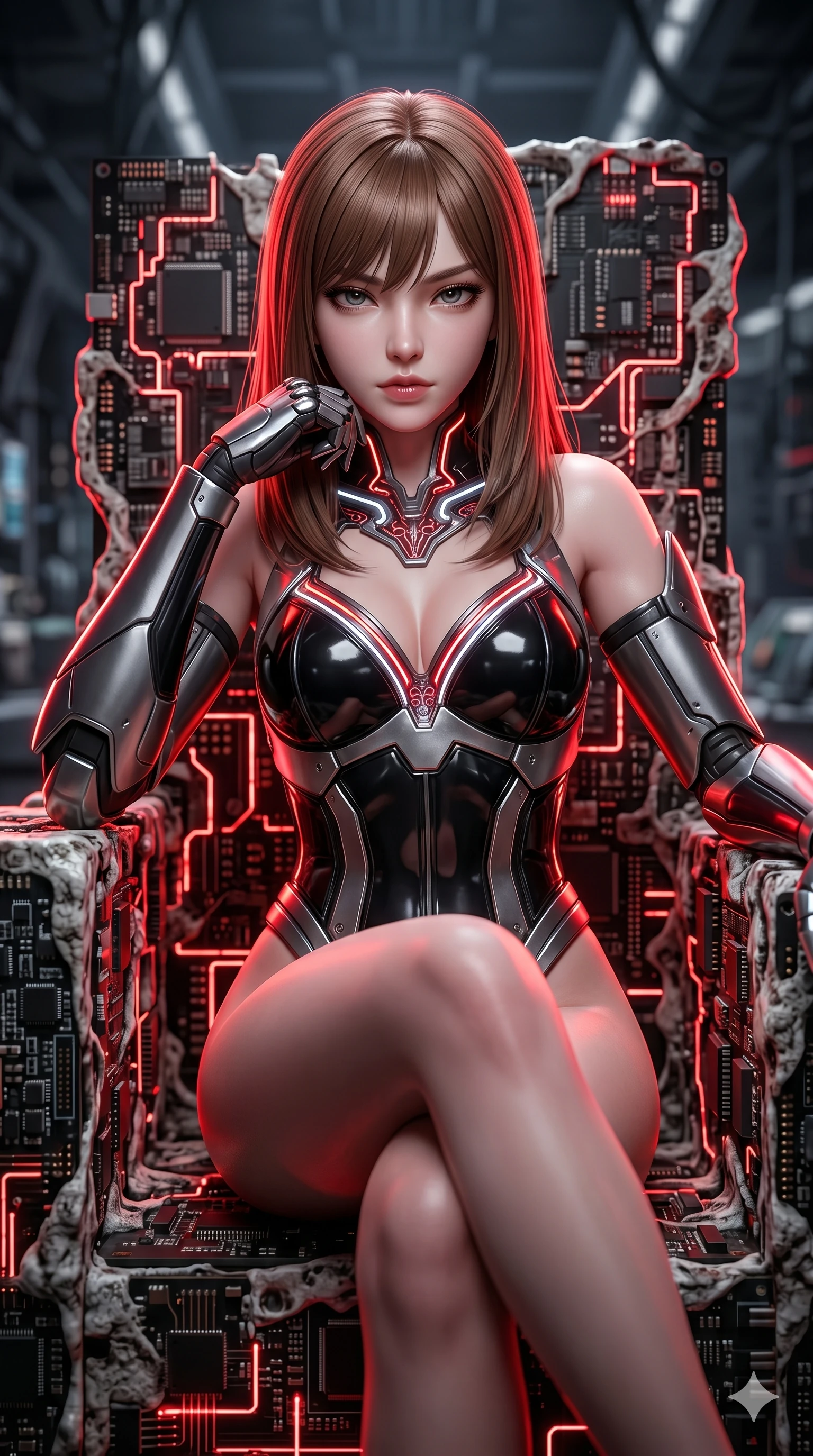 score_9, masterpiece, best quality, ultra-detailed, high-budget anime keyframe, semi-realistic 3D game render, Korean woman. Upper body close-up from the thighs up, character filling the screen for maximum presence. She is seated dynamically on a throne of calcified logic boards and glowing red circuits. She leans forward with a dangerous, enticing smolder, resting one elbow on her knee. She has an absolutely perfect 8-heads proportion, a tall and elegant figure with a refined silhouette and a defined waistline. V-shaped jawline, high-bridge nose, intricate jewel-like eyes with depth, thick eyelashes, glossy lips with a natural sheen. She is wearing a structured cybernetic bodice in glossy vinyl panels, paired with detached sleeves and a refined V-neckline detailed with glowing piping. The scene is bathed in bright white studio flash light and sharp crimson rim lighting outlining her silhouette. 2k, ultra detail, master piece, 9:16 ratio