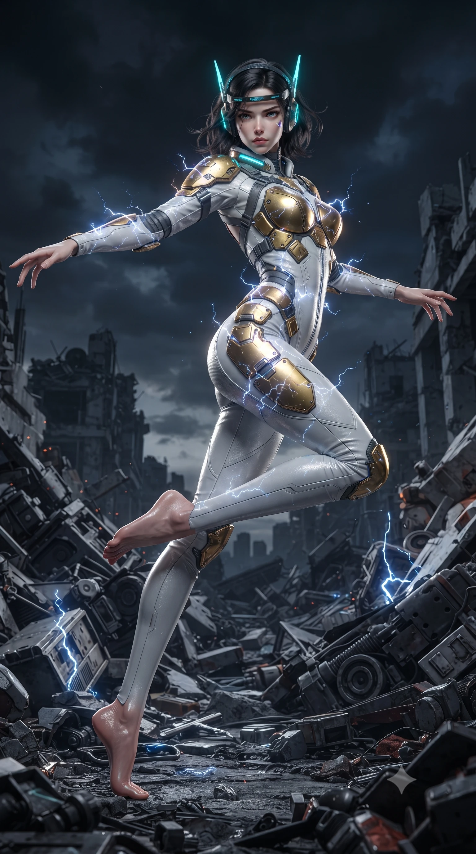 score_9, masterpiece, best quality, ultra-detailed, high-budget anime keyframe, editorial fashion photography, tasteful artistic composition, Korean woman. low angle full-body shot from head to toe showing her feet, filling the entire 9:16 vertical frame with her statuesque presence, stretching her vertical silhouette. striding forward with sovereign warrior elegance in a low, predatory combat advance through the ruins, hips swaying with fierce athletic poise while arching her spine in a fluid zero-gravity recovery leap with arms outstretched as electrical sparks dance across her armor. The surrounding environment is rendered in vivid detail and crisp panoramic clarity. transcendent chiaroscuro contrast between blinding electrical arc flashes and pitch-black nocturnal shadows in precision. She has an absolutely perfect, statuesque 8.5-heads proportion, an exceptionally tall and slender model-like female figure with impossibly long slender legs, a toned flat midriff, and an ultra-slim waist. sharp v-shaped jawline, high-bridge nose, intricate jewel-like eyes with depth, thick eyelashes, glossy lips with a natural sheen, fierce and resolute heroine expression, flawlessly proportioned anatomical accuracy, strict slender model proportions, natural body alignment, perfectly sculpted long slender limbs, ultra-slim waistline, clean dynamic posture without body distortion. wearing a lightweight carbon-fiber tactical sensory headpiece with glowing cyan ear-antennae and an ultra-thin forehead HUD brow-band, paired with a tailored tactical combat jumpsuit with an open-back harness design, reinforced composite breastplate, and high-mobility elbow dampers in arctic white carbon composite with scratched solar gold armor plating, made of liquid carbon-jersey fabric accentuating every curve of her tall, slender model proportions, featuring a sleek aerodynamic collar framed by subtle glowing cybernetic status LEDs, the glove-like aerodynamic second-skin fit tightly clinging to her ultra-slender waist and athletic curves without adding bulk, accentuating her razor-sharp statuesque lines and slim hourglass silhouette. surrounded by an electrifying, invincible, and radiantly transcendent dystopian heroine aura. ultra-reflective glossy finish, specular highlights, dark metallic sheen, high-contrast stereoscopic depth, volumetric dynamic lighting, 2k, ultra detail, master piece, 9:16 ratio