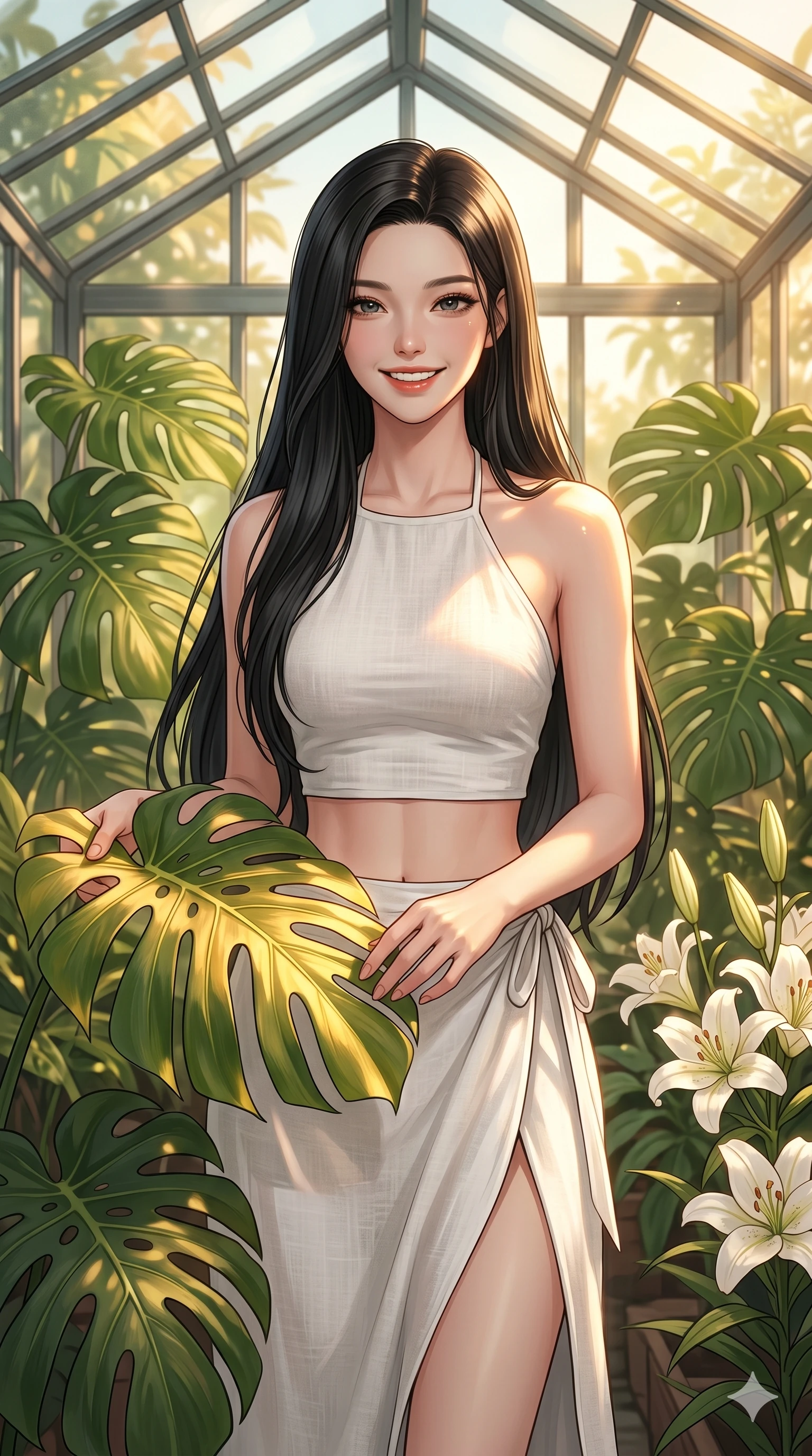 score_9, masterpiece, best quality, ultra-detailed, high-budget anime keyframe, editorial fashion photography, tasteful artistic composition, Korean woman. cowboy shot from the thighs up, character and outfit filling the frame for maximum editorial presence. smiling radiantly at the camera while gently holding a large, warm sunlit leaf inside a glass greenhouse bursting with tropical monstera and blooming white lilies. She has an absolutely perfect 8-heads proportion, an exceptionally tall and slender female figure with impossibly long slender legs and an ultra-slim waist. V-shaped jawline, high-bridge nose, intricate jewel-like eyes with depth, thick eyelashes, glossy lips with a natural sheen. wearing a lightweight white linen crop halter top and a matching wrap skirt with a tasteful side slit. bathed in warm, golden sunbeams filtering through the glass ceiling, highlighting her shoulders. 2k, ultra detail, master piece, 9:16 ratio