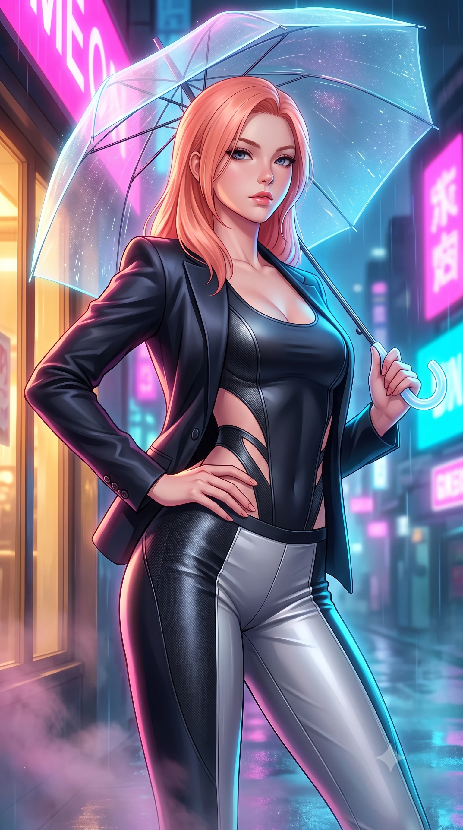 score_9, masterpiece, best quality, ultra-detailed, high-budget anime keyframe, editorial fashion photography, tasteful artistic composition, Japanese woman. close-up cowboy shot from the waist and thighs up, the character dominates the composition, filling the frame with her large presence, background elements kept in soft focus. Holding a powerful dynamic pose with one hand on her hip and body angled dramatically toward the key light while holding a glowing translucent umbrella under vibrant magenta and cyan billboards, soft urban mist scattering vibrant magenta and cyan neon rim light around her form. She has an exceptionally elegant, slender, and willowy female figure with an ultra-slim waist, a gracefully sculpted slender torso, and a refined silhouette. sharp v-shaped jawline, high-bridge nose, intricate jewel-like eyes with depth, thick eyelashes, glossy lips with a natural sheen, flawlessly proportioned anatomical accuracy, natural body alignment, perfectly sculpted elegant limbs, clean dynamic posture without body distortion. wearing a tailored silk blazer over a form-contouring scoop-neck top and slacks in matte black and polished silver, made of fine carbon-fiber weave and soft matte leather, featuring clean architectural cutouts along her slender torso, the glove-like fit emphasizing her statuesque silhouette during motion. illuminated by warm indoor golden light and cool rainy blue neon rim light. highly saturated vibrant anime colors, detailed shading with soft gradients, rich glossy textures, high-contrast stereoscopic depth, volumetric dynamic lighting, master piece, 9:16 ratio