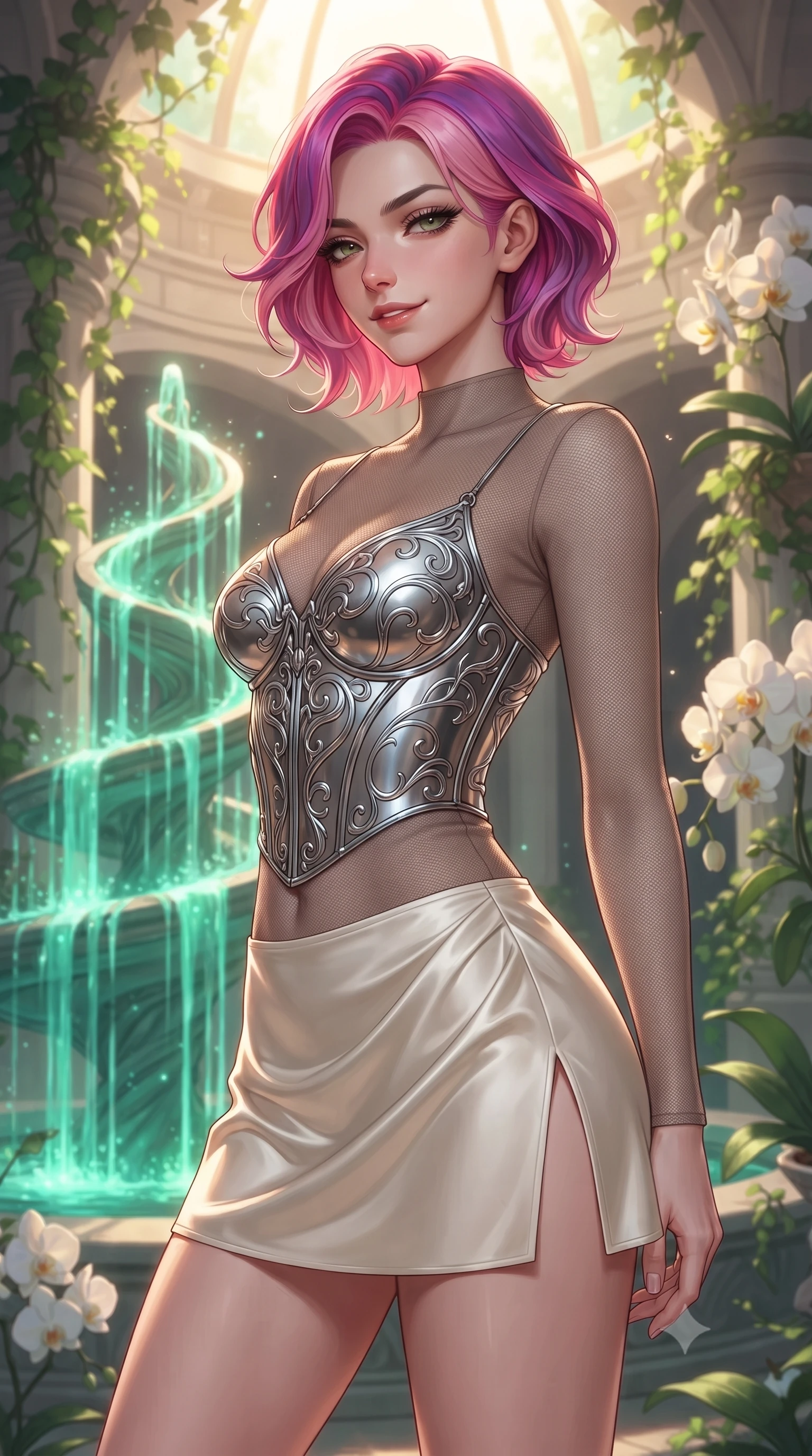 score_9, masterpiece, best quality, ultra-detailed, high-budget anime keyframe, editorial fashion photography, tasteful artistic composition, Caucasian woman. close-up cowboy shot from the waist and thighs up, the character dominates the composition, filling the frame with her large presence, background elements kept in soft focus. Glancing sidelong over her shoulder with a smoldering half-smile and heavy lashes standing by a hydro-flow spiral fountain flowing with bioluminescent emerald sap, lush green vines and white orchids framing the bright architectural backdrop. She has an exceptionally elegant, slender, and willowy female figure with an ultra-slim waist, a gracefully sculpted slender torso, and a refined silhouette. sharp v-shaped jawline, high-bridge nose, intricate jewel-like eyes with depth, thick eyelashes, glossy lips with a natural sheen. wearing a chrome-plated structured bodice worn over a sheer mesh top and micro-shorts in muted taupe and soft ivory, crafted from lustrous satin jersey with fluid draping, finished with a sleek side slit ascending to mid-thigh, the elegant draped fit framing her graceful clavicle and slender torso. bathed in warm golden sunlight and soft emerald bioluminescent glow. highly saturated vibrant anime colors, detailed shading with soft gradients, rich glossy textures, high-contrast stereoscopic depth, volumetric dynamic lighting, master piece, 9:16 ratio