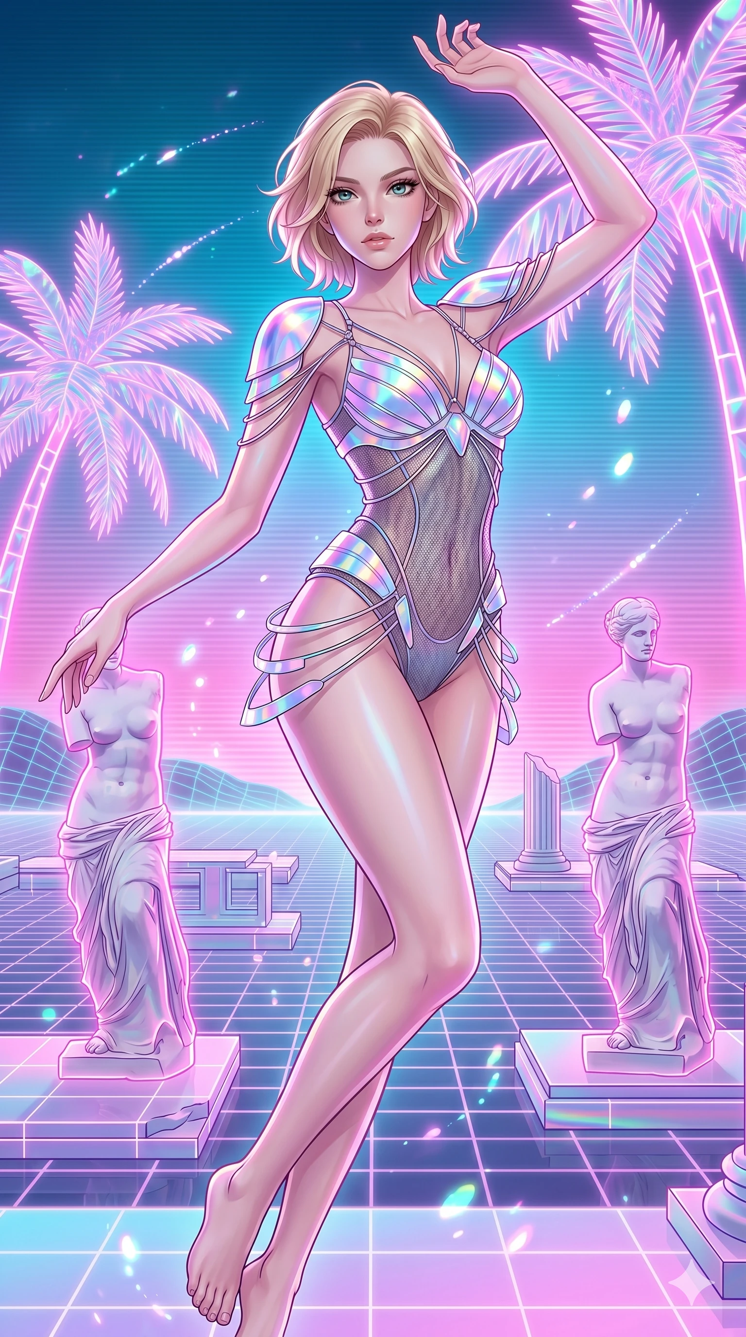score_9, masterpiece, best quality, ultra-detailed, high-budget anime keyframe, Caucasian woman, strictly human ears. upper body close-up from the thighs up, character filling the screen for maximum presence. drifting through a holographic vaporwave oasis with floating grid floors, lo-fi marble statues, and glowing pink palms. She has an absolutely perfect 8-heads proportion, an exceptionally tall and slender female figure with impossibly long slender legs and an ultra-slim waist. V-shaped jawline, high-bridge nose, intricate jewel-like eyes with depth, thick eyelashes, glossy lips with a natural sheen.. wearing a holographic ribbon shell armor, featuring thin iridescent plates linked by wire straps over a sleek contouring base. enhanced by a luminous pastel spectrum glow, casting elegant rim lights on her shoulders and jawline. 2k, ultra detail, master piece, 9:16 ratio