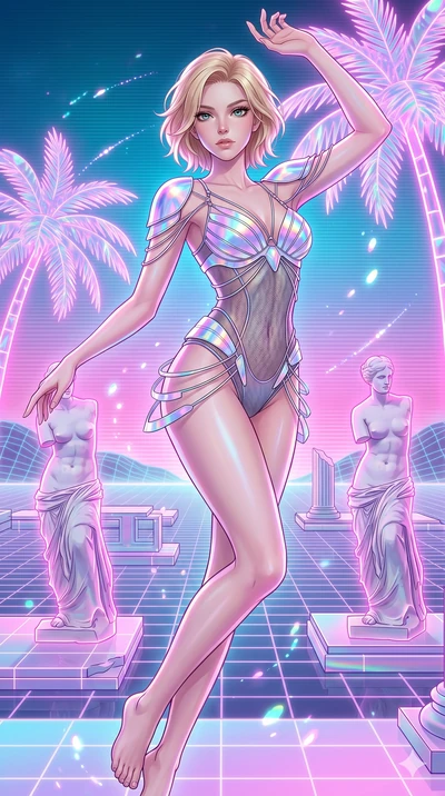 score_9, masterpiece, best quality, ultra-detailed, high-budget anime keyframe, Caucasian woman, strictly human ears. upper body close-up from the thighs up, character filling the screen for maximum presence. drifting through a holographic vaporwave 