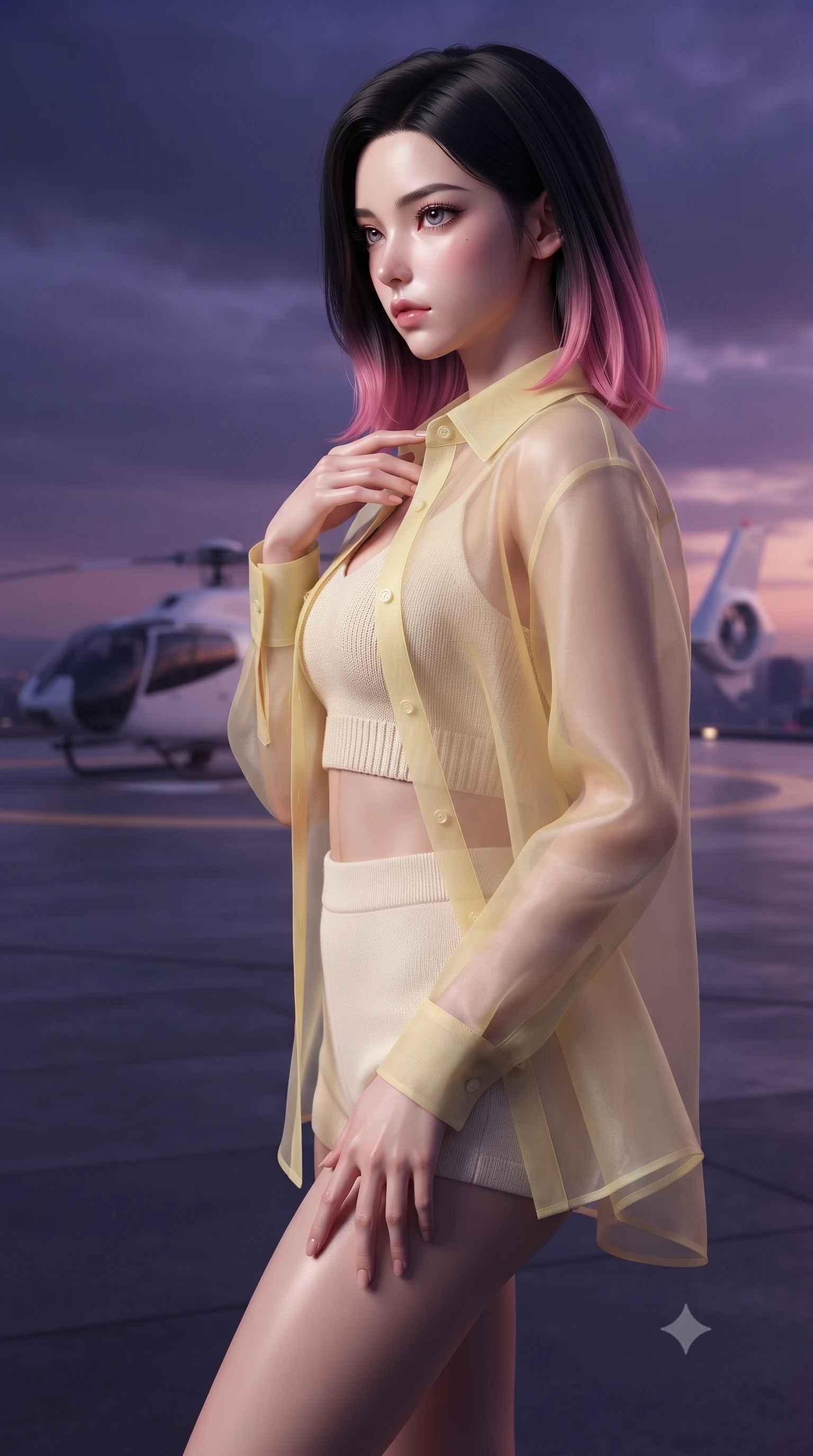 score_9, masterpiece, best quality, ultra-detailed, high-budget anime keyframe, editorial fashion photography, tasteful artistic composition, Korean woman. close-up cowboy shot from the waist and thighs up, the character dominates the composition, filling the frame with her large presence, background elements kept in soft focus. turning her face in sharp profile, casting a cold, mysterious, yet intensely alluring side gaze, the background shows a soft-focus a high-rise rooftop helipad with a sleek white helicopter during a dramatic dusk. She has an exceptionally elegant, slender, and willowy female figure with an ultra-slim waist, a gracefully sculpted slender torso, and a refined silhouette. sharp v-shaped jawline, high-bridge nose, intricate jewel-like eyes with depth, thick eyelashes, glossy lips with a natural sheen. wearing a tailored sheer organza shirt in pale yellow worn open over a knit crop top and micro-shorts. the deep violet and orange twilight sky casting a majestic glow over the tarmac. ultra-reflective glossy finish, specular highlights, metallic sheen, high-contrast stereoscopic depth, volumetric dynamic lighting, 2k, ultra detail, master piece, 9:16 ratio