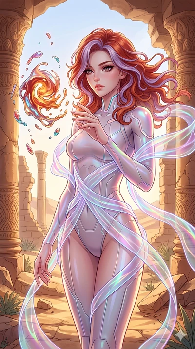 score_9, masterpiece, best quality, ultra-detailed, high-budget anime keyframe, Caucasian woman, strictly human ears. upper body close-up from the thighs up, character filling the screen for maximum presence. interacting with liquid stained-glass tha