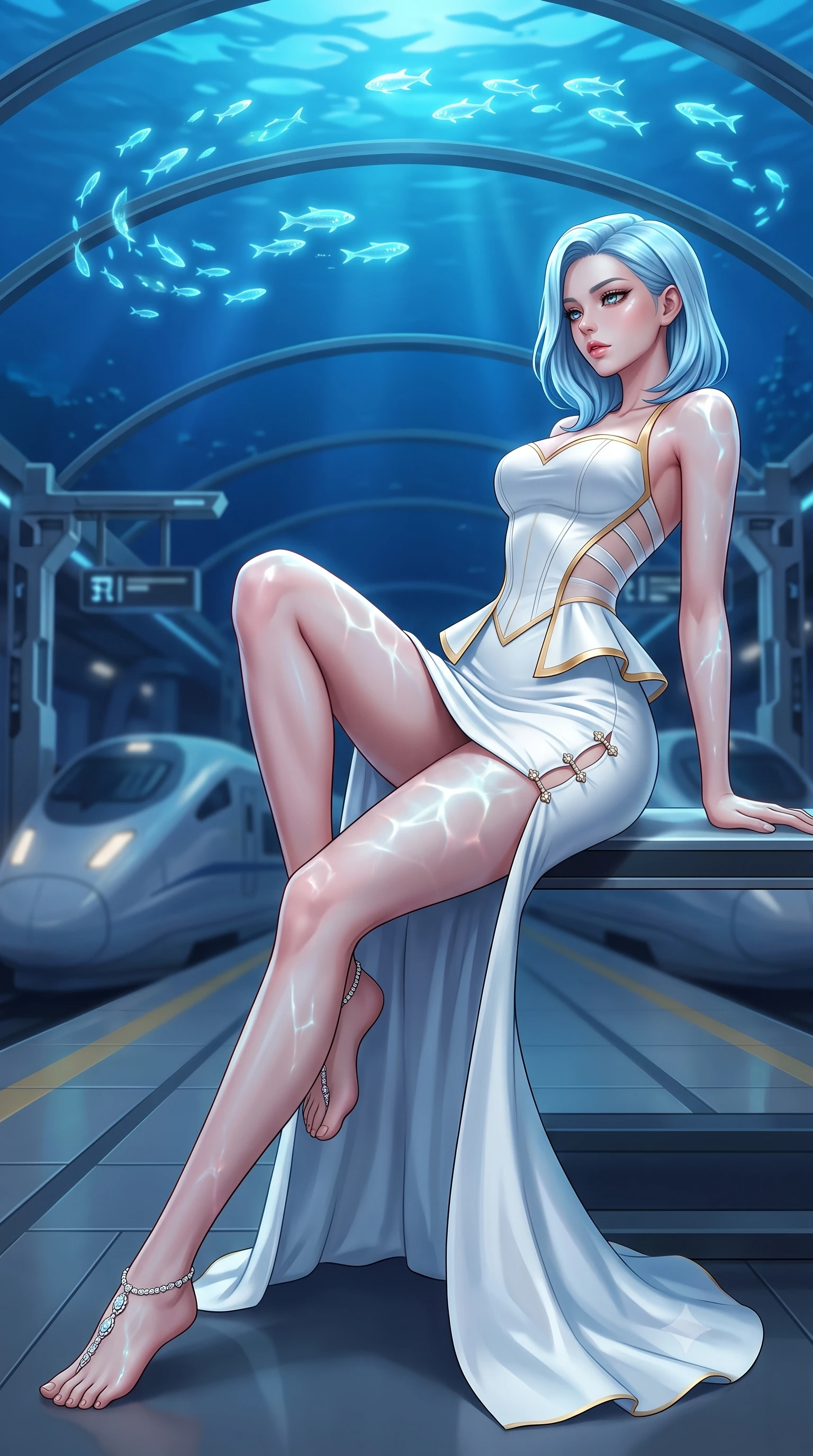 score_9, masterpiece, best quality, ultra-detailed, high-budget anime keyframe, semi-realistic 3D game render, editorial fashion photography, tasteful artistic composition, Korean woman. low angle full-body shot from head to toe showing her feet, filling the entire 9:16 vertical frame with her statuesque presence, stretching her vertical silhouette. reclining on her side in an elegant Cleopatra pose with one knee drawn up, the dramatic contour of her rounded hips and long slender legs commanding the 9:16 vertical frame while standing on the sleek composite platform beneath a curved transparent acrylic ceiling looking into the deep blue ocean, arching her back as schools of glowing fish glide above. The composition keeps background elements in soft focus with creamy bokeh. aerodynamic bullet train silhouettes and high-tech platform gantries softened in moody cyberpunk shallow focus. She has an exceptionally tall and slender model-like 8.5-heads proportion, an ultra-slim waist, a flat toned midriff, narrow delicate ribcage, and beautifully sculpted feminine hips creating a graceful, slim hourglass silhouette without any bulky heaviness, with impossibly long slender legs. sharp v-shaped jawline, high-bridge nose, intricate jewel-like eyes with depth, thick eyelashes, glossy parted lips with a natural sheen, intensely captivating and seductive bedroom-eyes expression, flawlessly proportioned anatomical accuracy, strict slender model proportions, natural body alignment, perfectly sculpted long slender limbs, ultra-slim waistline, clean dynamic posture without body distortion. wearing a structural geometric peplum gown with sheer side-ribbon cutouts and form-fitting skirt in pure alabaster white and sun-kissed gold, made of fluid silk crepe with delicate inner corsetry boning, finished with an ultra-high side slit secured by miniature jeweled clasps, the liquid-tight tailored fabric clinging flawlessly to her narrow waist and rounded feminine hips, emphasizing every millimeter of her sculpted slim hourglass curves without any bulky heaviness. illuminated by shimmering water caustic reflections accentuating her sculpted midriff, narrow waist, and curvy hips. highly saturated vibrant anime colors, detailed shading with soft gradients, rich glossy textures, high-contrast stereoscopic depth, volumetric dynamic lighting, master piece, 9:16 ratio