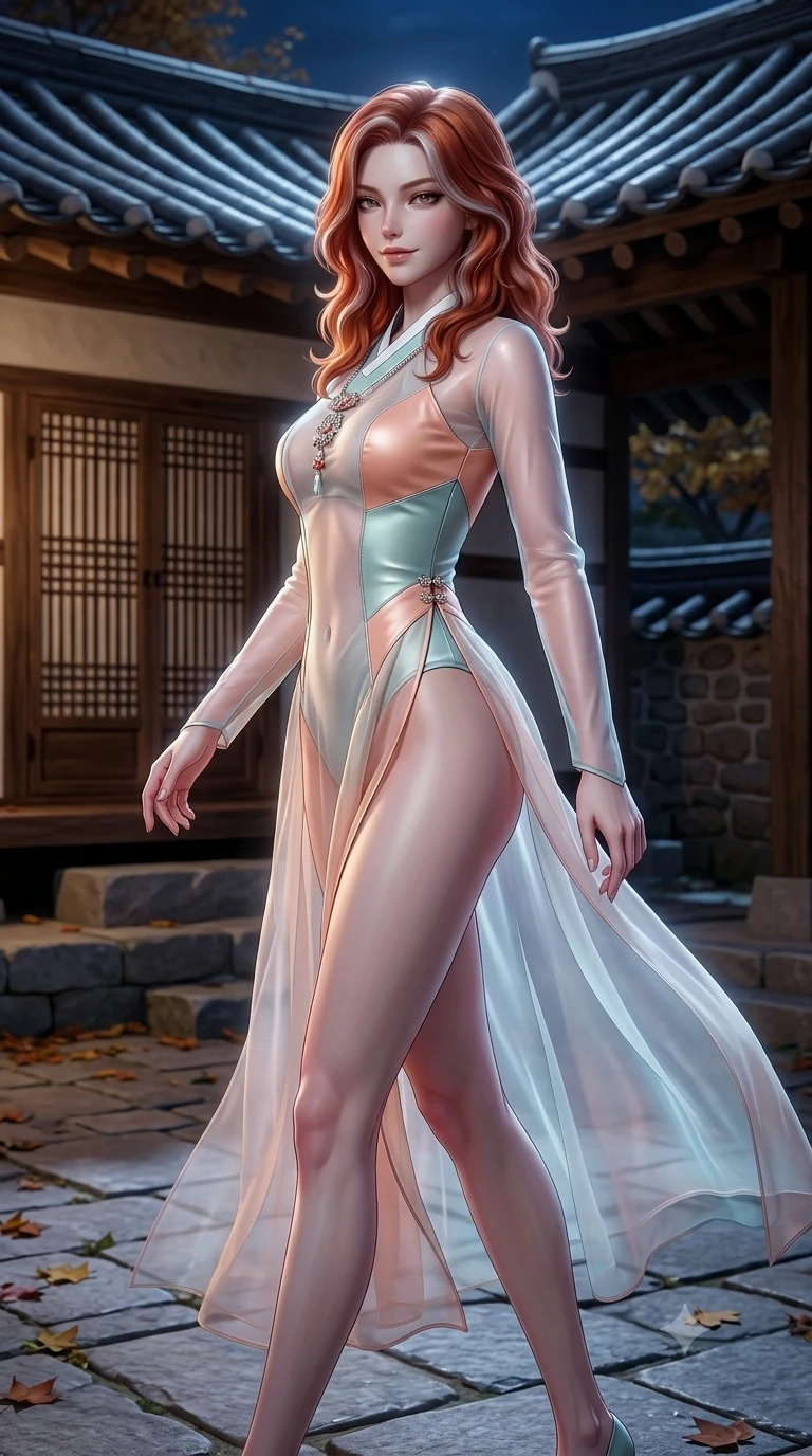 score_9, masterpiece, best quality, ultra-detailed, high-budget anime keyframe, semi-realistic 3D game render, editorial fashion photography, tasteful artistic composition, Caucasian woman. close-up cowboy shot from the waist and thighs up, the character dominates the composition, filling the frame with her large presence. twisting her slender torso in a deep contrapposto stance, hips dramatically shifted to accentuate her feminine curves while looking past her shoulder with smoldering bedroom-eyes while stepping gracefully across the courtyard flagstones with supermodel poise, looking into the lens with quiet, magnetic self-assurance. The surrounding environment is rendered in vivid detail and crisp panoramic clarity: detailed liquid silk satin halter leotard tailoring, sheer nobang wrap skirt, and traditional hanok architecture in razor-sharp precision. She has an exceptionally elegant, slender, and willowy female figure with an ultra-slim waist, flat toned midriff, narrow ribcage, and sculpted feminine hips creating an alluring, slim hourglass silhouette without bulk. sharp v-shaped jawline, high-bridge nose, sparkling eyes with hypnotic seductive depth, thick curled eyelashes, glossy parted lips with a natural dewy peach sheen, alluring bedroom-eyes with an enchanting coquettish smile, exuding magnetic siren charisma and sophisticated glamour, flawlessly proportioned anatomical accuracy, strict slender model proportions, natural body alignment, perfectly sculpted long slender limbs, ultra-slim waistline, clean dynamic posture without body distortion. wearing a delicate semi-translucent wet-look mesh hanbok bodysuit clinging sheerly to her sculpted torso and hip curves in pastel peach blossom and celadon porcelain blue, made of supple butter-soft lambskin leather with a subtle satin sheen, finished with an ultra-high side slit secured by miniature jeweled clasps, the impeccably tailored cut draping gracefully along her slender figure with aristocratic eastern poise. bathed in crisp autumn moonlight washing across curved clay roof tiles and stone courtyards. highly saturated vibrant anime colors, detailed shading with soft gradients, rich glossy textures, high-contrast stereoscopic depth, volumetric dynamic lighting, master piece, 9:16 ratio