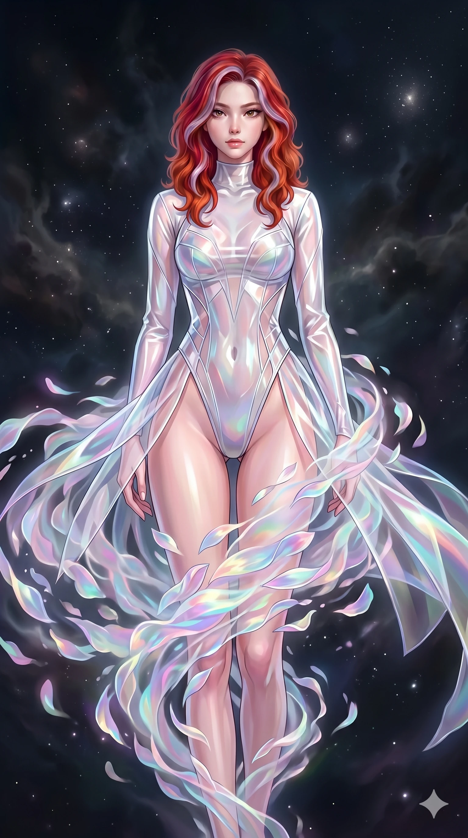 score_9, masterpiece, best quality, ultra-detailed, High-budget Anime Keyframe, East Asian woman. Low angle cowboy shot filling the entire 9:16 frame with her statuesque presence. Scenario 201: Dissolving into a cloud of iridescent silk petals in a void. Her presence is magnetic and overpowering in this high-budget anime scene. Outfit 201: A sheer organza dangerous with a high-cut leg line and translucent layers. The clothing is designed to emphasize her exceptionally tall and slender 8-heads proportion. 8-heads proportion, towering silhouette, ultra-slim waist. sharp v-shaped jawline, intricate jewel-like eyes with depth, thick eyelashes, glossy lips. 2k, ultra detail, master piece, 9:16 ratio