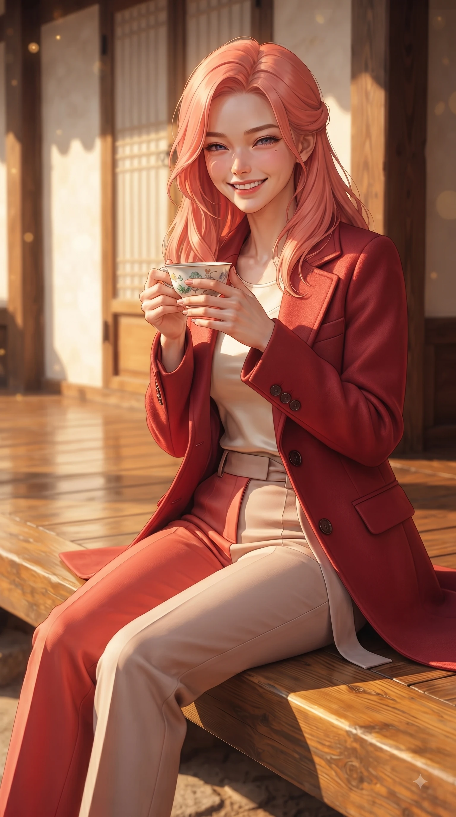 score_9, masterpiece, best quality, ultra-detailed, high-budget anime keyframe, editorial fashion photography, tasteful artistic composition, Japanese woman. close-up cowboy shot from the waist and thighs up, the character dominates the composition, filling the frame with her large presence. Playful cute grin with eyes crinkling in pure girlhood delight, leaning forward with adorable energy while sitting on a polished wooden Hanok veranda holding a delicate porcelain tea cup. The composition keeps background elements in soft focus with dreamy bokeh. sun-drenched paper doors and wooden Hanok pillars softened by warm shallow focus. She has an exceptionally elegant, slender, and willowy female figure with an ultra-slim waist, a gracefully sculpted slender torso, and a refined silhouette. sharp v-shaped jawline, high-bridge nose, intricate jewel-like eyes with depth, thick eyelashes, glossy lips with a natural sheen, flawlessly proportioned anatomical accuracy, natural body alignment, perfectly sculpted elegant limbs, clean dynamic posture without body distortion. wearing a tailored crimson red wool coat over a fitted ivory silk top and tailored trousers in vibrant coral red and soft beige, tailored from structured wool crepe with clean lines, accented with a delicate side waist sash creating fluid lines, the fluid drape swaying gracefully with her dynamic editorial movement. illuminated by warm golden sunlight reflecting off polished wooden verandas. ultra-reflective glossy finish, specular highlights, metallic sheen, high-contrast stereoscopic depth, volumetric dynamic lighting, 2k, ultra detail, master piece, 9:16 ratio