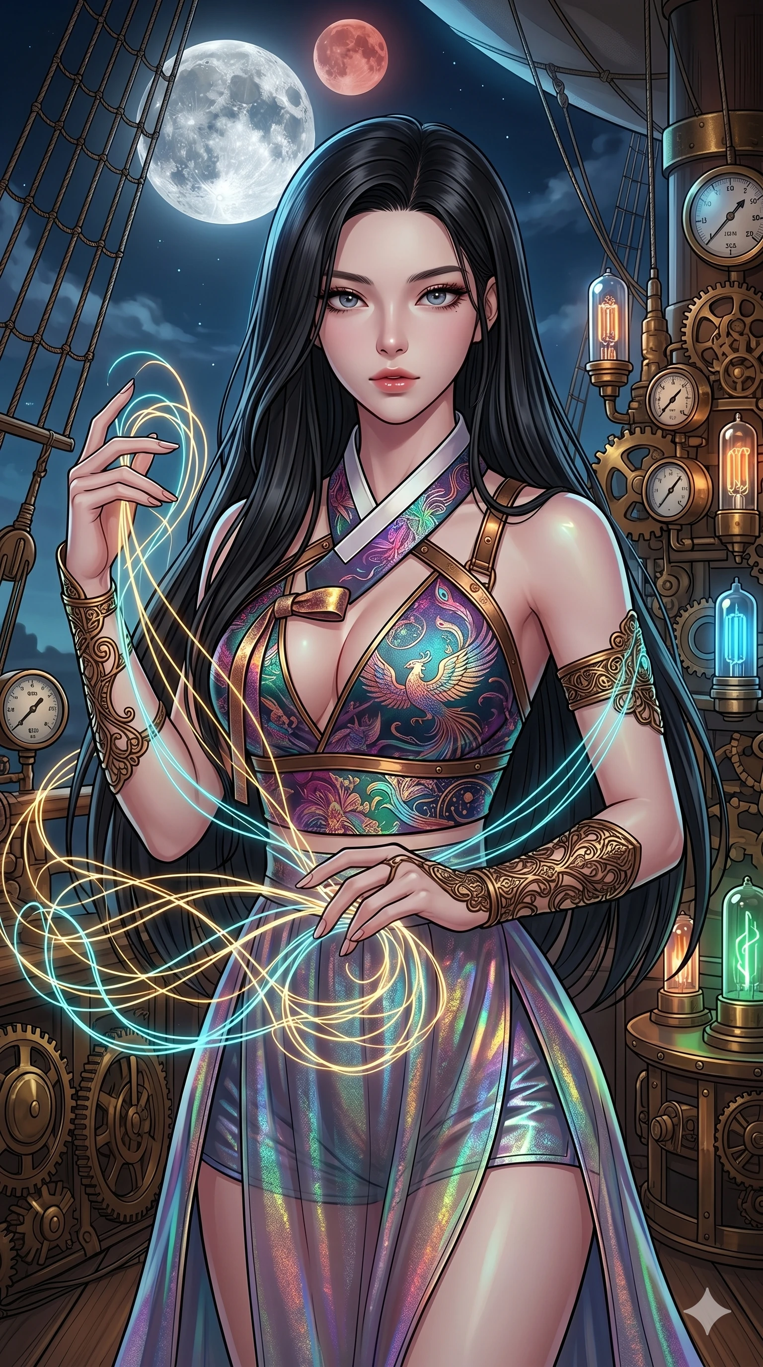 score_9, masterpiece, best quality, ultra-detailed, high-budget anime movie keyframe, cinematic anime lighting, intricate line art, Korean woman. Upper body filling screen focusing on her alluring features and slim-fit silhouette. weaving threads of light in a steampunk airship deck under a twin-moon sky. She has an absolutely perfect 8-heads proportion, an exceptionally tall and slender female figure with an ultra-slim waist and impossibly long slender legs. sharp v-shaped jawline, high-bridge nose, intricate jewel-like eyes, thick eyelashes, glossy lips. Wearing modernized deep-plunging silk hanbok-fusion with metallic straps, a high-slit sheer skirt over micro-shorts, and holographic embroidered patterns. The scene is illuminated by dramatic atmospheric lighting and vibrant color palettes. , 2k, ultra detail, master piece, 9:16 ratio