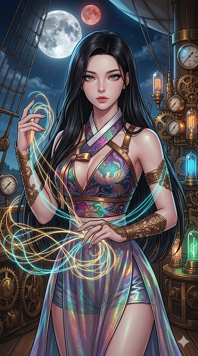 score_9, masterpiece, best quality, ultra-detailed, high-budget anime movie keyframe, cinematic anime lighting, intricate line art, Korean woman. Upper body filling screen focusing on her alluring features and slim-fit silhouette. weaving threads of 