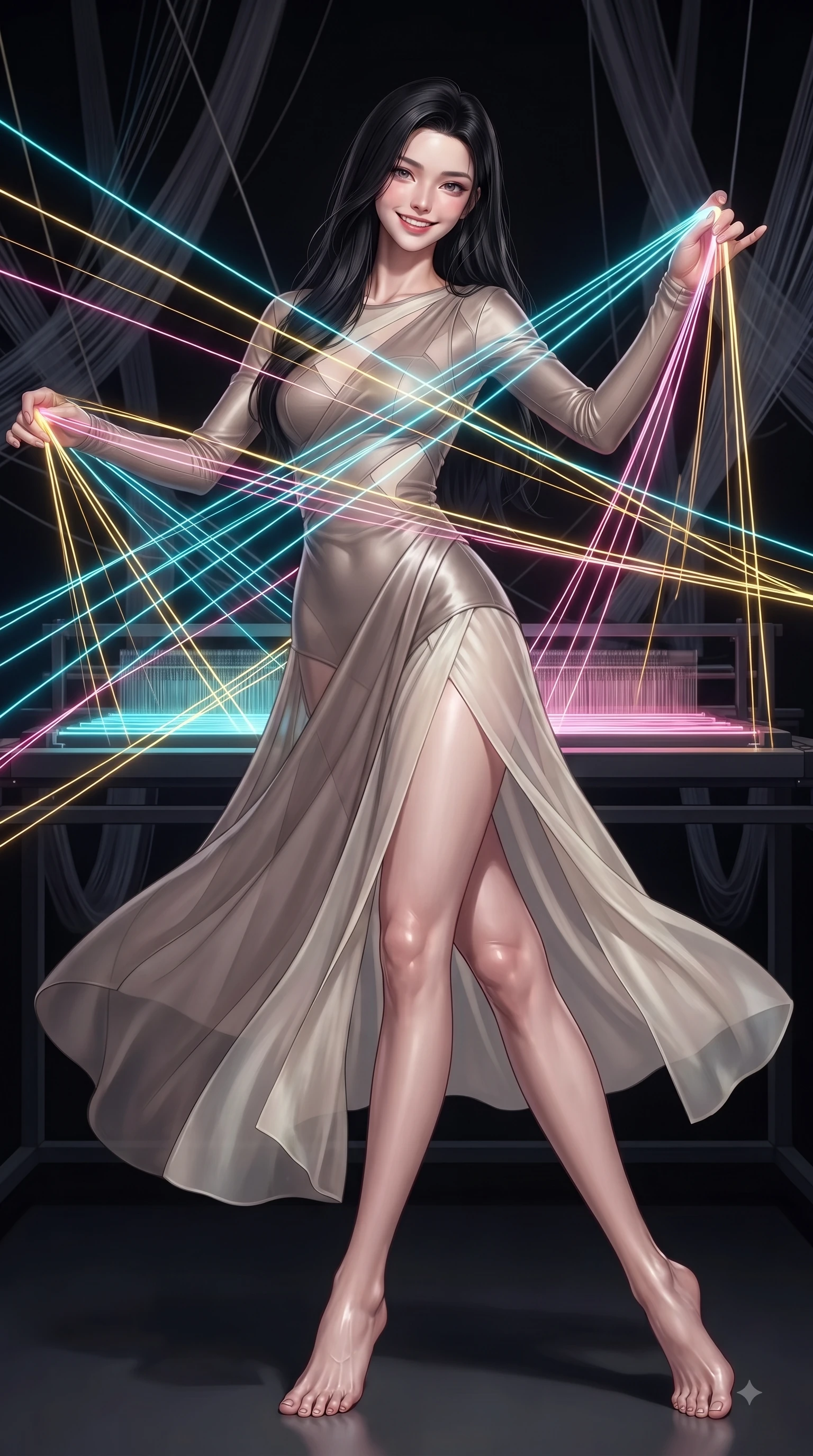 score_9, masterpiece, best quality, ultra-detailed, high-budget anime keyframe, editorial fashion photography, tasteful artistic composition, Korean woman. low angle full-body shot from head to toe showing her feet, filling the entire 9:16 vertical frame with her statuesque presence, stretching her vertical silhouette. forging dynamically through the scene with a happy infectious smile, her ultra-slim waist creating a sweeping curve while weaving fluorescent rainbow fiber optic ribbons on a 3D light loom with a playful smile, fluorescent cyan, yellow, pink, and gold light threads crossing in 3D space. She has an absolutely perfect, statuesque 8.5-heads proportion, an exceptionally tall and slender model-like female figure with impossibly long slender legs and an ultra-slim waist. sharp v-shaped jawline, high-bridge nose, intricate jewel-like eyes with depth, thick eyelashes, glossy lips with a natural sheen, flawlessly proportioned anatomical accuracy, natural body alignment, perfectly sculpted elegant limbs, clean dynamic posture without body distortion. wearing a semi-opaque sheer overlay dress over a leather micro-bodysuit in muted taupe and soft ivory, crafted from lustrous satin jersey with fluid draping, featuring subtle geometric cutouts that highlight her ultra-slim midriff, the glove-like fit emphasizing her statuesque silhouette during motion. illuminated by the brilliant glow of rainbow luminescent plasma threads. ultra-reflective glossy finish, specular highlights, metallic sheen, high-contrast stereoscopic depth, volumetric dynamic lighting, 2k, ultra detail, master piece, 9:16 ratio