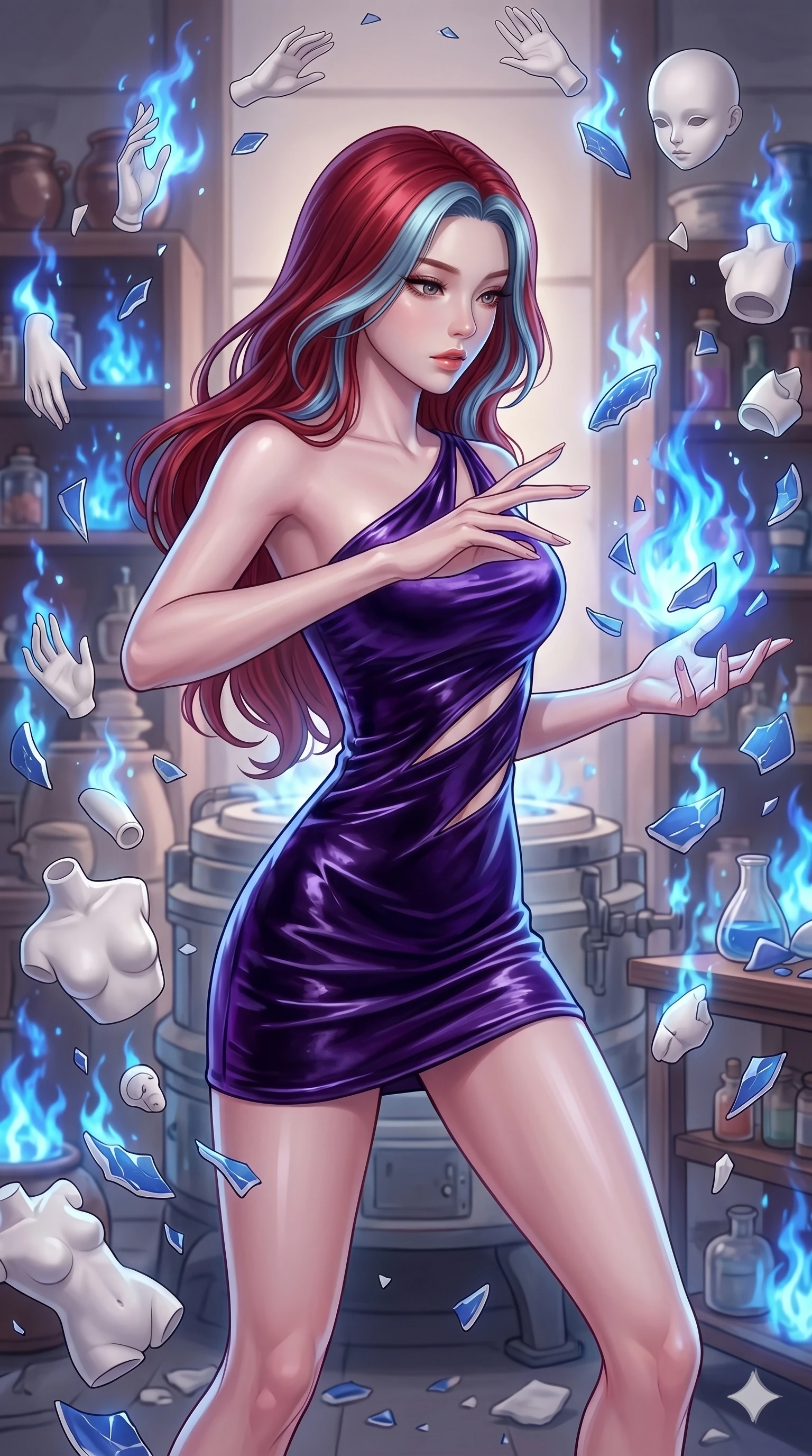 score_9, masterpiece, best quality, ultra-detailed, high-budget anime keyframe, Korean woman. upper body close-up from the thighs up, character filling the screen for maximum presence. assisting in an alchemical porcelain workshop where floating white bisque doll parts and blue porcelain shards swirl amidst blue alchemical flames. She has an absolutely perfect 8-heads proportion, an exceptionally tall and slender female figure with impossibly long slender legs and an ultra-slim waist. V-shaped jawline, high-bridge nose, intricate jewel-like eyes with depth, thick eyelashes, glossy lips with a natural sheen.. wearing an asymmetric liquid velvet slip dress, featuring a wet-look deep purple velvet one-shoulder mini slip with slanted slashed cutouts. lit by a soft glowing ambient light and a sharp side key light that traces the sleek contours of her athletic build. 2k, ultra detail, master piece, 9:16 ratio