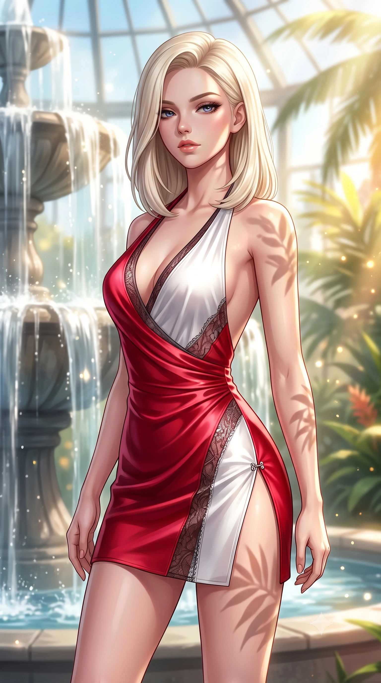 score_9, masterpiece, best quality, ultra-detailed, high-budget anime keyframe, semi-realistic 3D game render, editorial fashion photography, tasteful artistic composition, Caucasian woman. close-up cowboy shot from the waist and thighs up, the character dominates the composition, filling the frame with her large presence. casting a slow, smoldering gaze beneath heavy lashes with parted glossy lips, her head slightly tilted in captivating self-assurance while pivoting dynamically beside a cascading glasshouse fountain catching intense volumetric sunbeams. The composition keeps background elements in soft focus with creamy bokeh. sun-drenched tropical foliage scattering radiant light motes across a soft background. She has an exceptionally elegant, slender, and willowy female figure with an ultra-slim waist, a gracefully sculpted slender torso, toned flat midriff, and a refined slim silhouette. sharp v-shaped jawline, high-bridge nose, intricate jewel-like eyes with depth, thick eyelashes, glossy lips with a natural sheen, flawlessly proportioned anatomical accuracy, strict slender model proportions, natural body alignment, perfectly sculpted long slender limbs, ultra-slim waistline, clean dynamic posture without body distortion. wearing a form-contouring liquid satin halter-neck mini dress with a deep crossover cowl front, open back, and ultra-slender waist drape in radiant crimson silk and crisp snow white, crafted from delicate dark lace interwoven with luminescent micro-fibers, finished with an ultra-high side slit secured by miniature magnetic clasps, the glove-like aerodynamic second-skin fit tightly clinging to her ultra-slender waist and athletic curves without adding bulk, accentuating her razor-sharp statuesque lines and slim hourglass silhouette. illuminated by fresh botanical ambient radiance with organic leaf-shadow stencils on her skin. highly saturated vibrant anime colors, detailed shading with soft gradients, rich glossy textures, high-contrast stereoscopic depth, volumetric dynamic lighting, master piece, 9:16 ratio