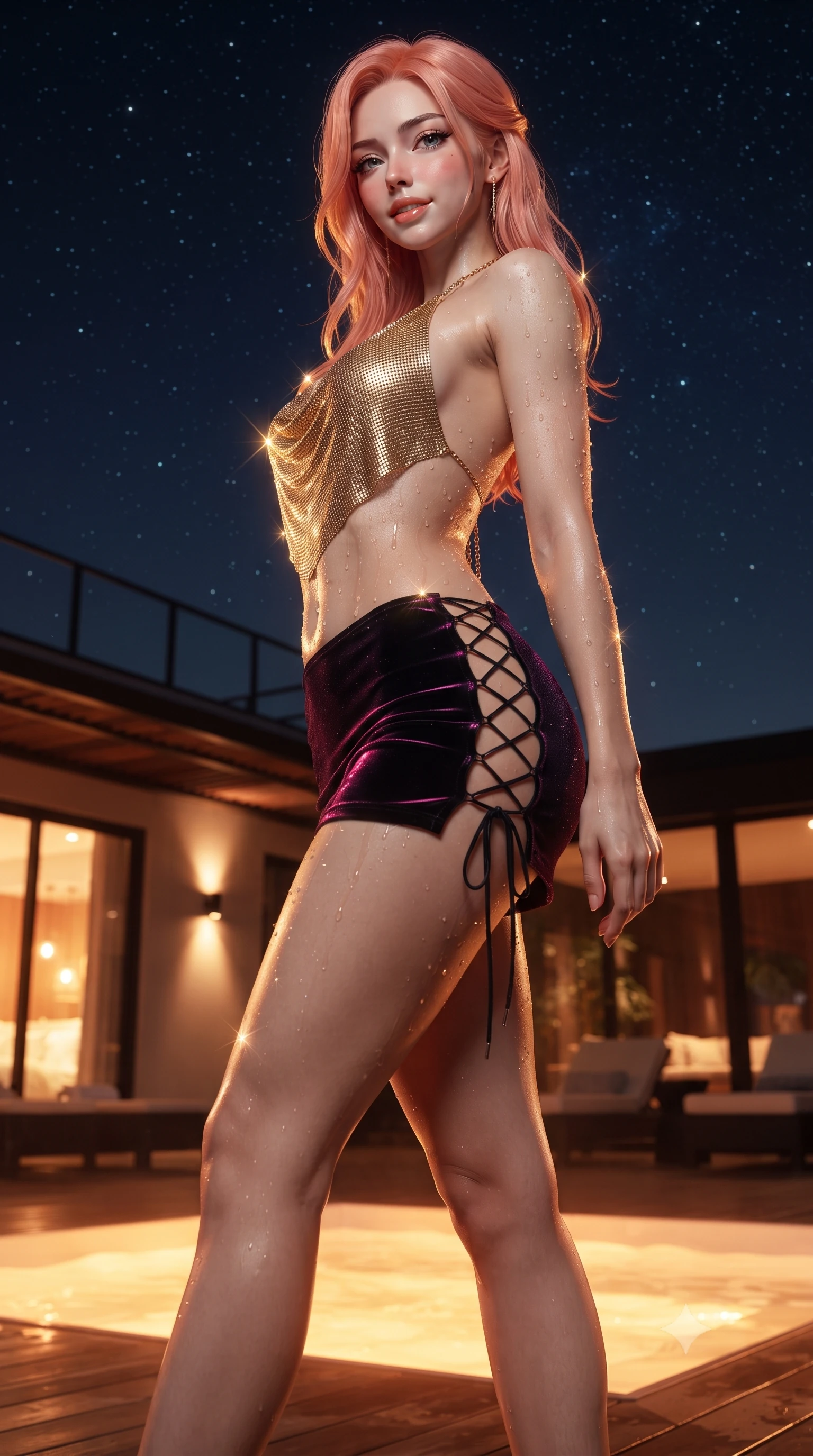 score_9, masterpiece, best quality, ultra-detailed, high-budget anime keyframe, editorial fashion photography, tasteful artistic composition, Japanese woman. low angle full-body shot from head to toe showing her feet, filling the entire 9:16 vertical frame with her statuesque presence, stretching her vertical silhouette. executing a slow, graceful pivot turn as her silk gown sways around her slender legs, glancing back with an enchanting, teasing sensual expression while twisting her slender torso in an alluring contrapposto stance, warm water droplets beading across her sculpted shoulders and flat midriff. The surrounding environment is rendered in vivid detail and crisp panoramic clarity: detailed wet-look garment cling, delicate waist chain shine, and open-air rooftop deck architecture in high resolution. She has an absolutely perfect, statuesque 8.5-heads proportion, an exceptionally tall and slender model-like female figure with impossibly long slender legs, an ultra-slim waist, a flat toned midriff, narrow delicate ribcage, and beautifully sculpted feminine hips creating a graceful, slim hourglass silhouette without any bulky heaviness. sharp v-shaped jawline, high-bridge nose, sparkling eyes with hypnotic seductive depth, thick curled eyelashes, glossy parted lips with a natural dewy peach sheen, alluring bedroom-eyes with an enchanting coquettish smile, exuding magnetic siren charisma and sophisticated high-fashion glamour, flawlessly proportioned anatomical accuracy, strict slender model proportions, natural body alignment, perfectly sculpted long slender limbs, ultra-slim waistline, clean dynamic posture without body distortion. wearing a liquid gold chainmail halter cowl top paired with an ultra-low-rise velvet mini skirt in wet-look onyx black with electric magenta reflections, woven from stretch metallic lurex jersey casting radiant starlight glints across her silhouette, featuring fine criss-cross lace-up side ties revealing tantalizing glimpses of her hip curve, the liquid-tight tailored fabric clinging flawlessly to her narrow waist and rounded feminine hips, emphasizing every millimeter of her sculpted slim hourglass curves without any bulky heaviness. bathed in warm underwater tub LED glow combined with celestial starry night ambient fill. ultra-reflective glossy finish, specular highlights, rich textural contrasts, high-contrast stereoscopic depth, volumetric dynamic lighting, 2k, ultra detail, master piece, 9:16 ratio